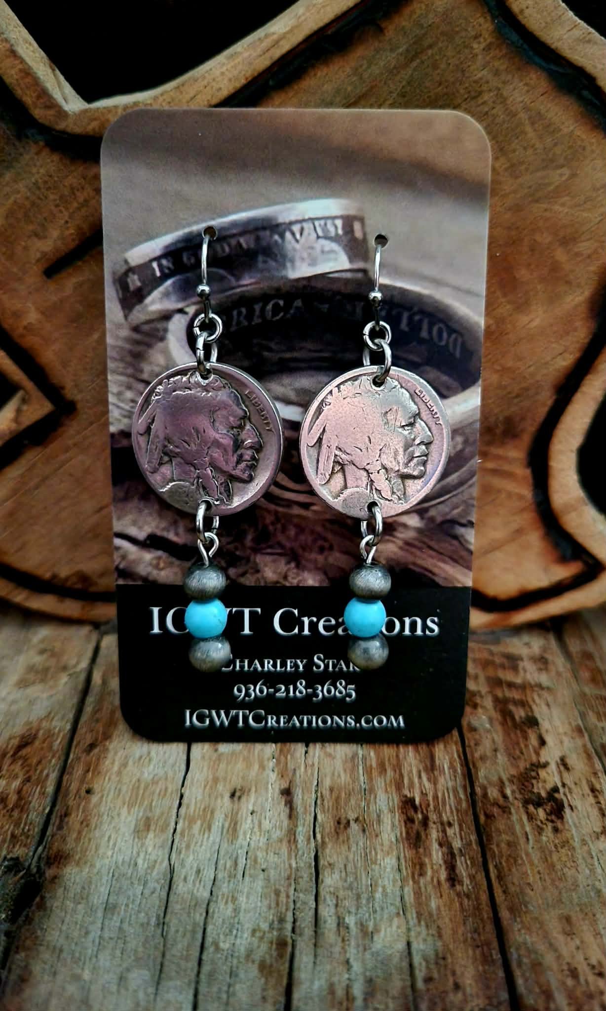Indian head nickel coin earrings turquoise