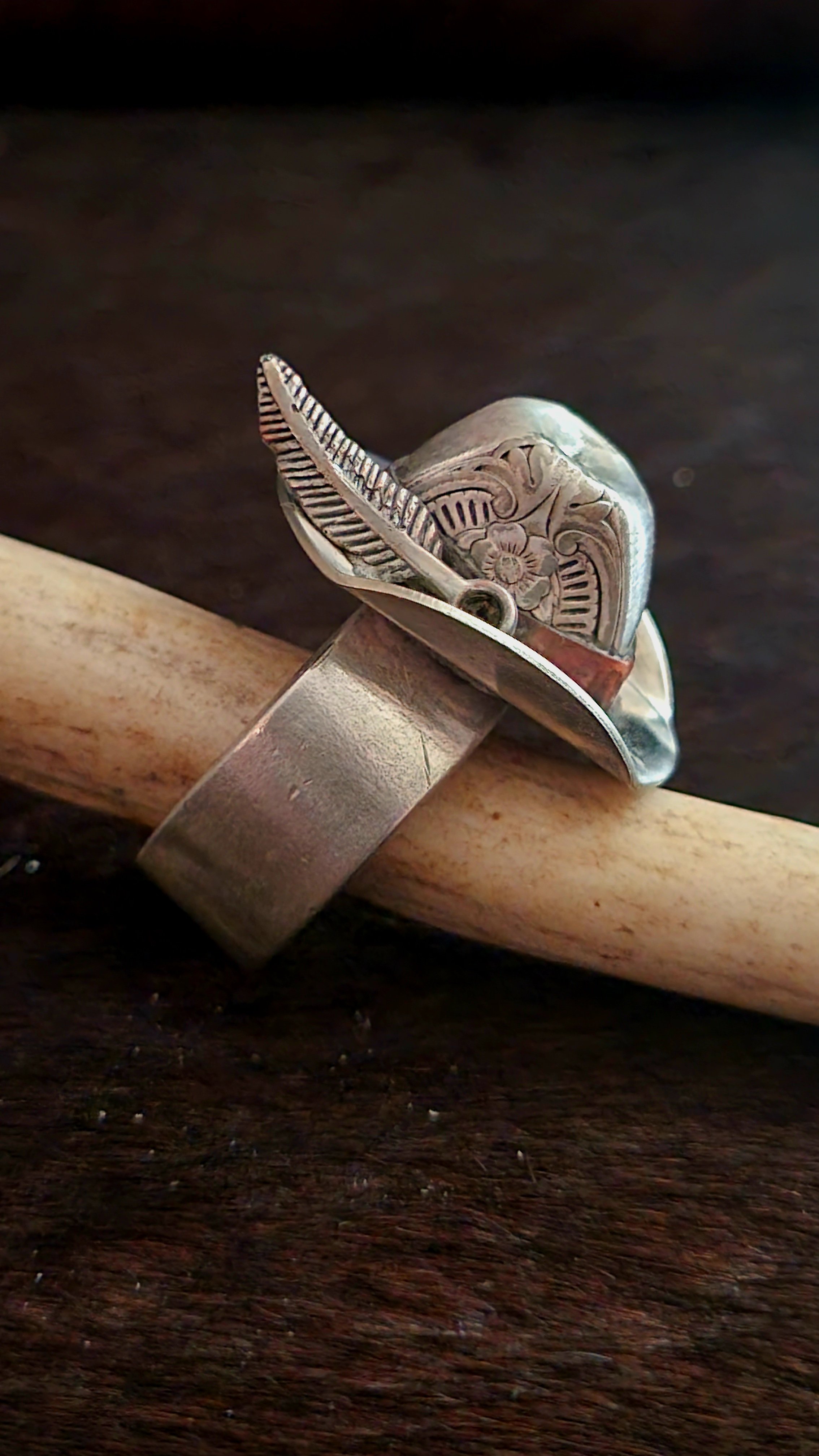 cowboy hat ring spoon bowl, feather, copper wire