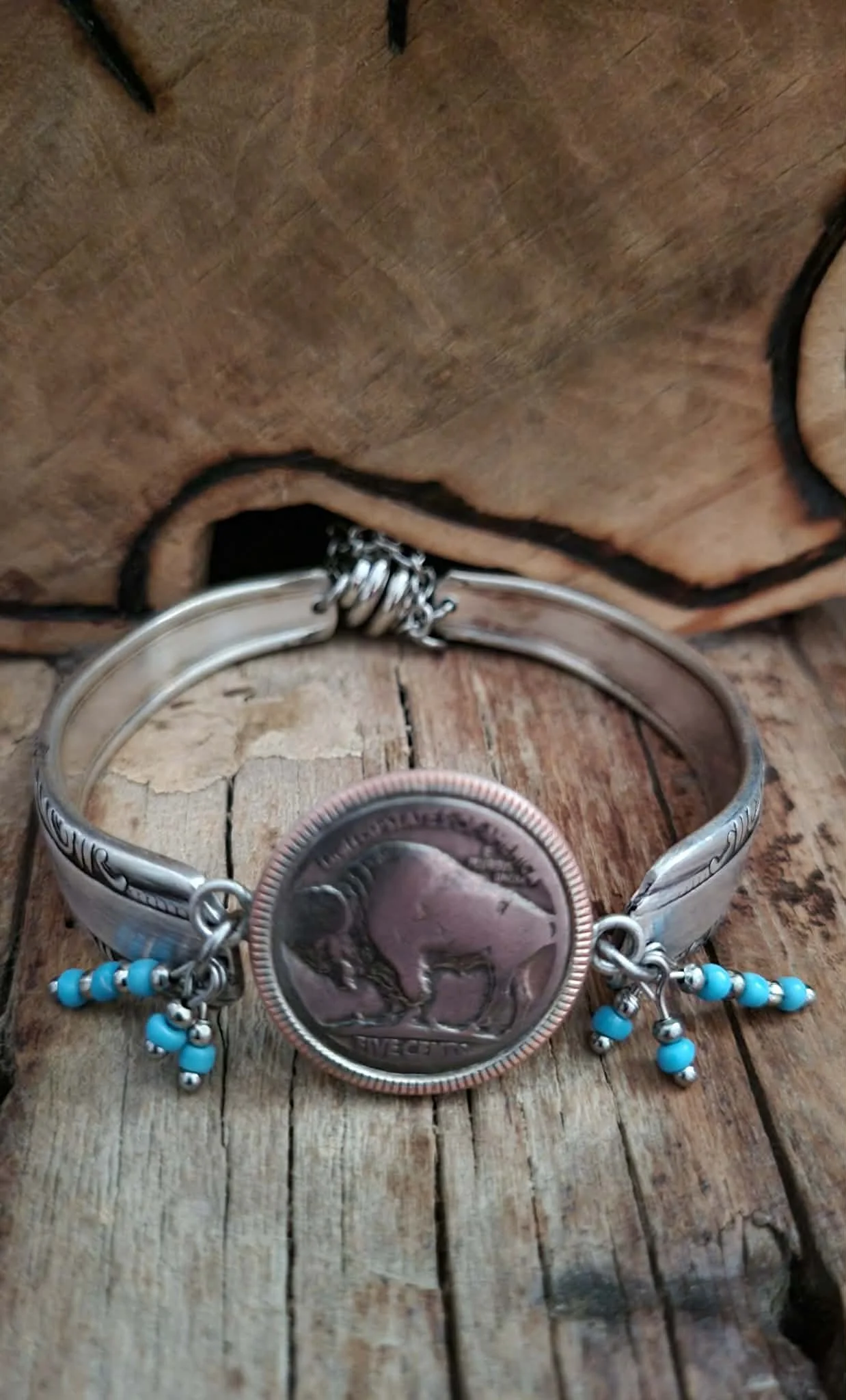 Buffalo Nickel Silverware Bracelet with Turquoise Accents