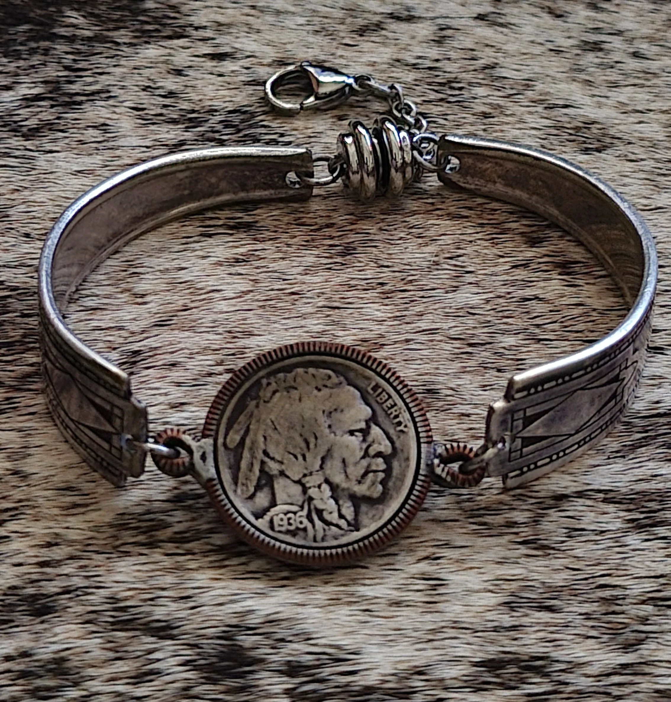 Indian head nickel art deco silverware bracelet vintage flatware