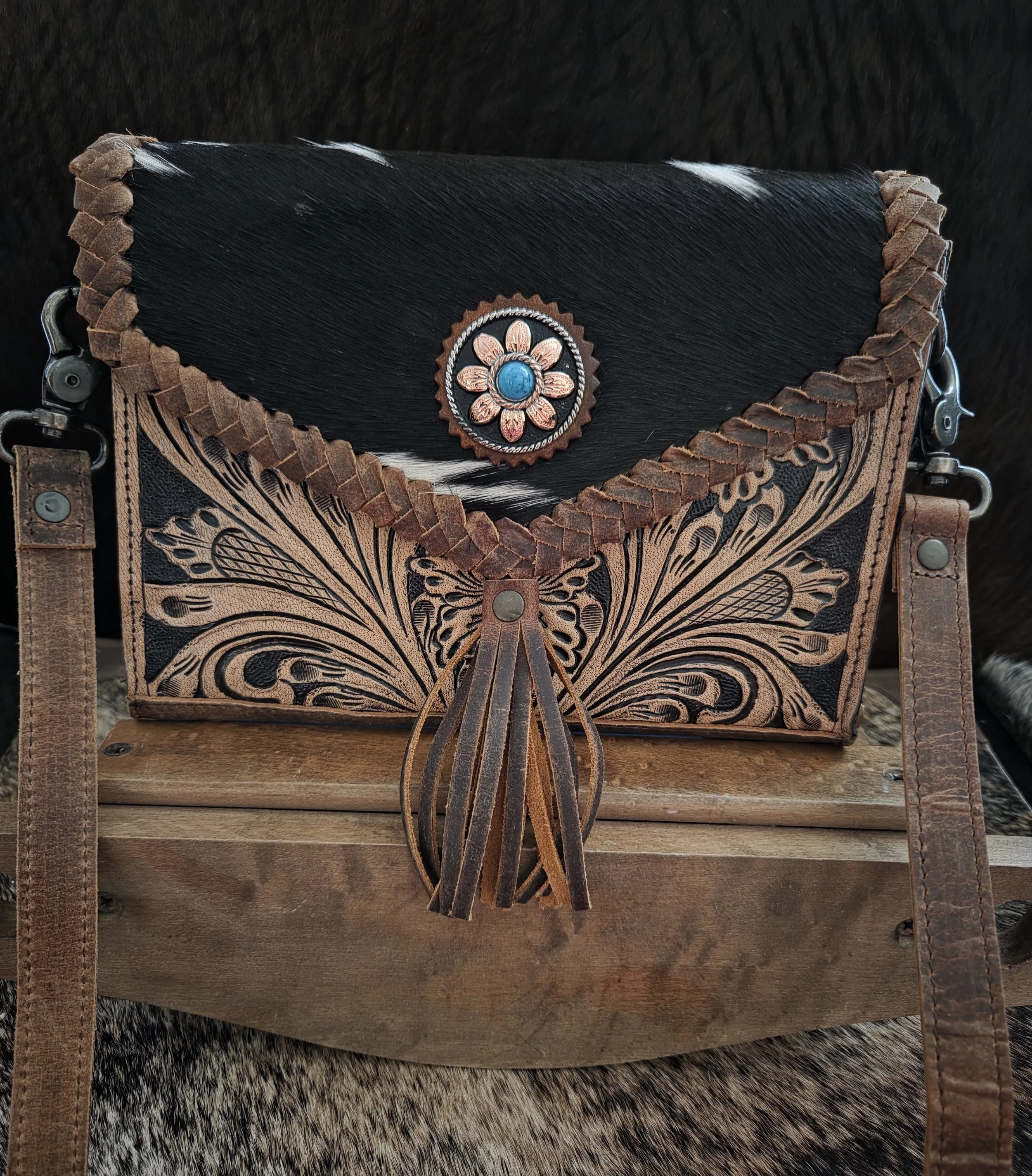 Cross Body tooled leather bag purse hair on hide