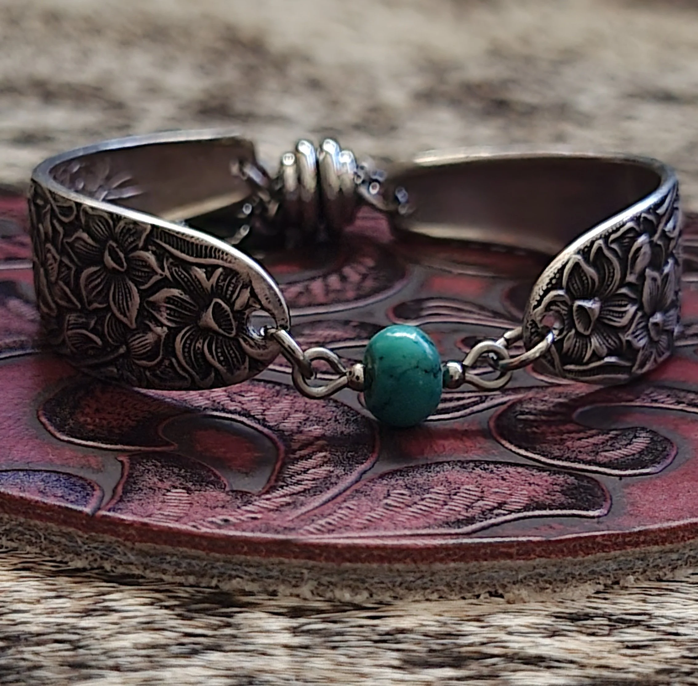 narcissus silverware bracelet turquoise upcycled vintage