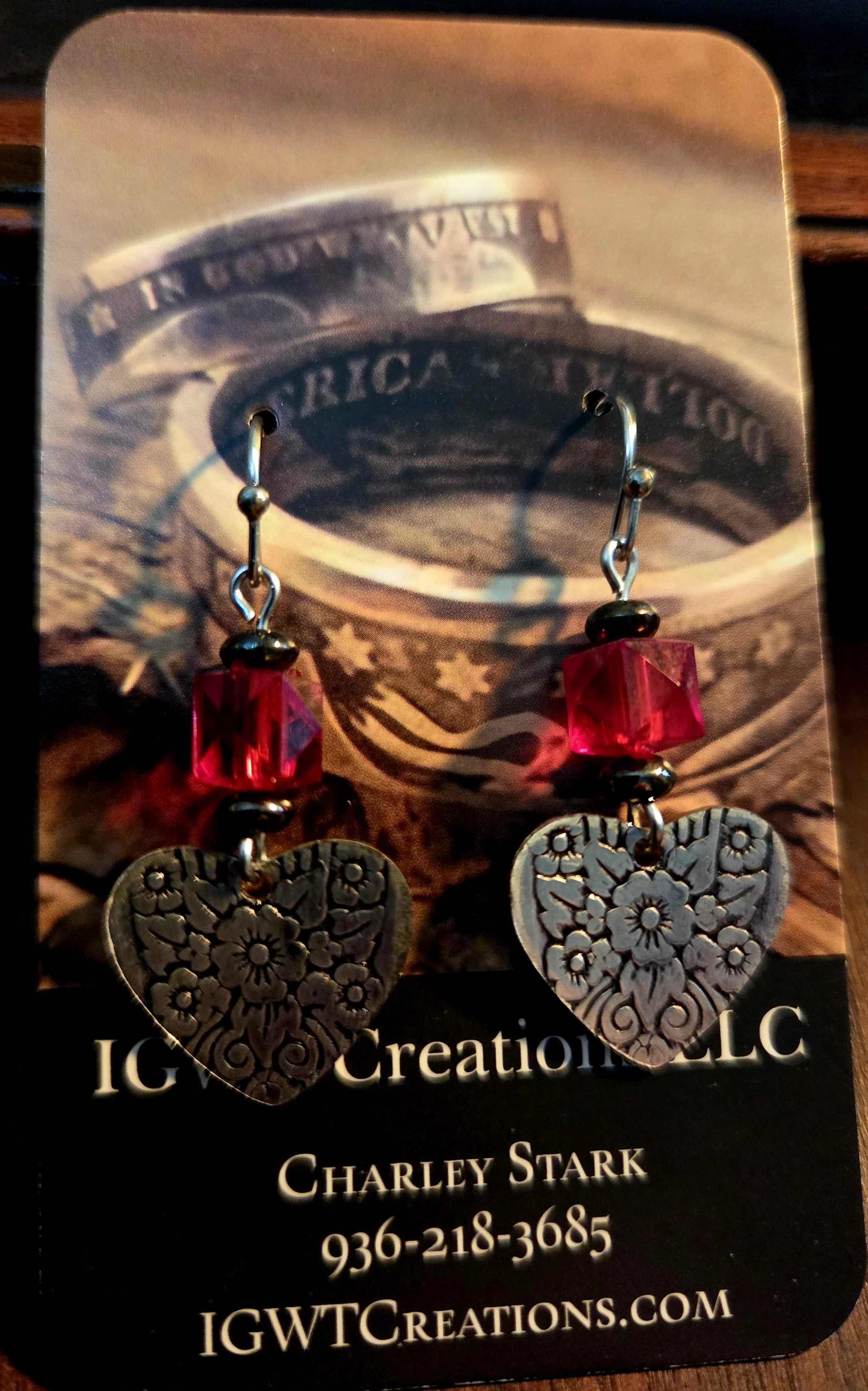 Vintage Silverware Heart Earrings with Ruby Accent