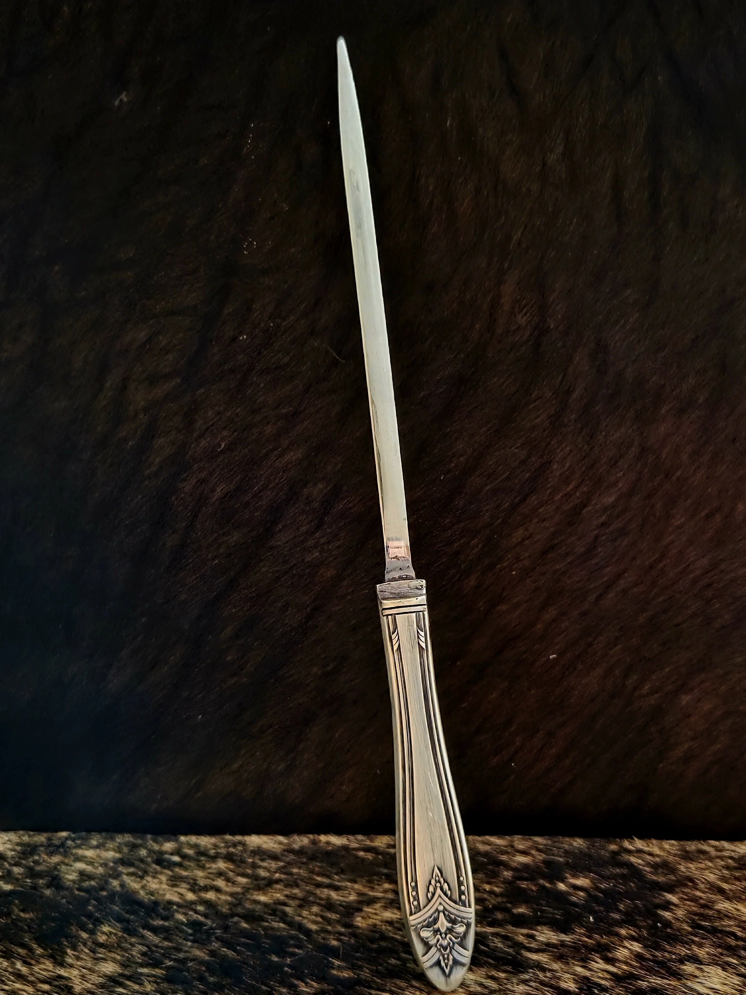 handcrafted letter opener made using a vintage butter knife handle. Repurposed upcycled silverware is useful in a desk set.