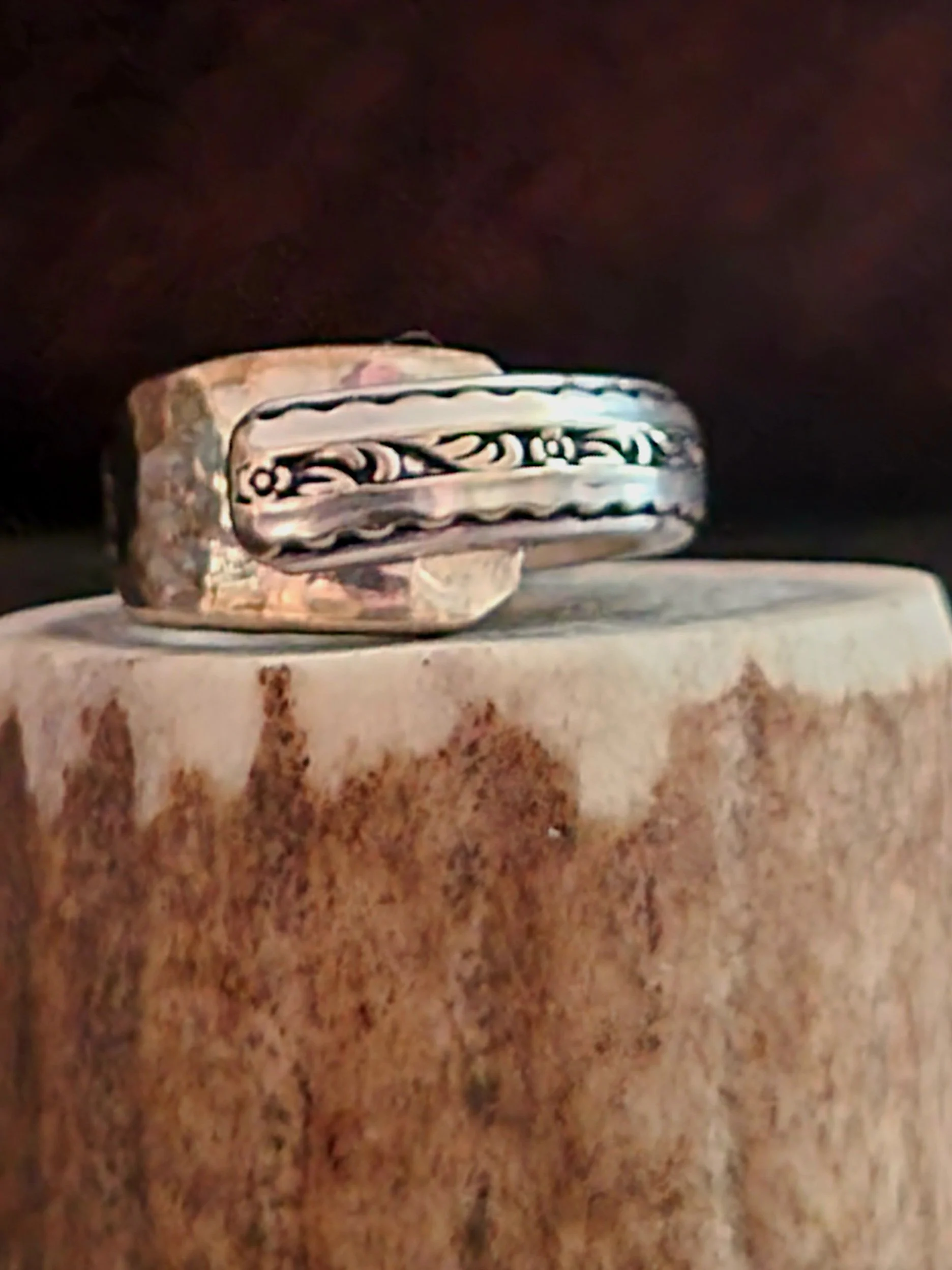 Vintage upcycled silverware ring with scroll work and scallops hammered band