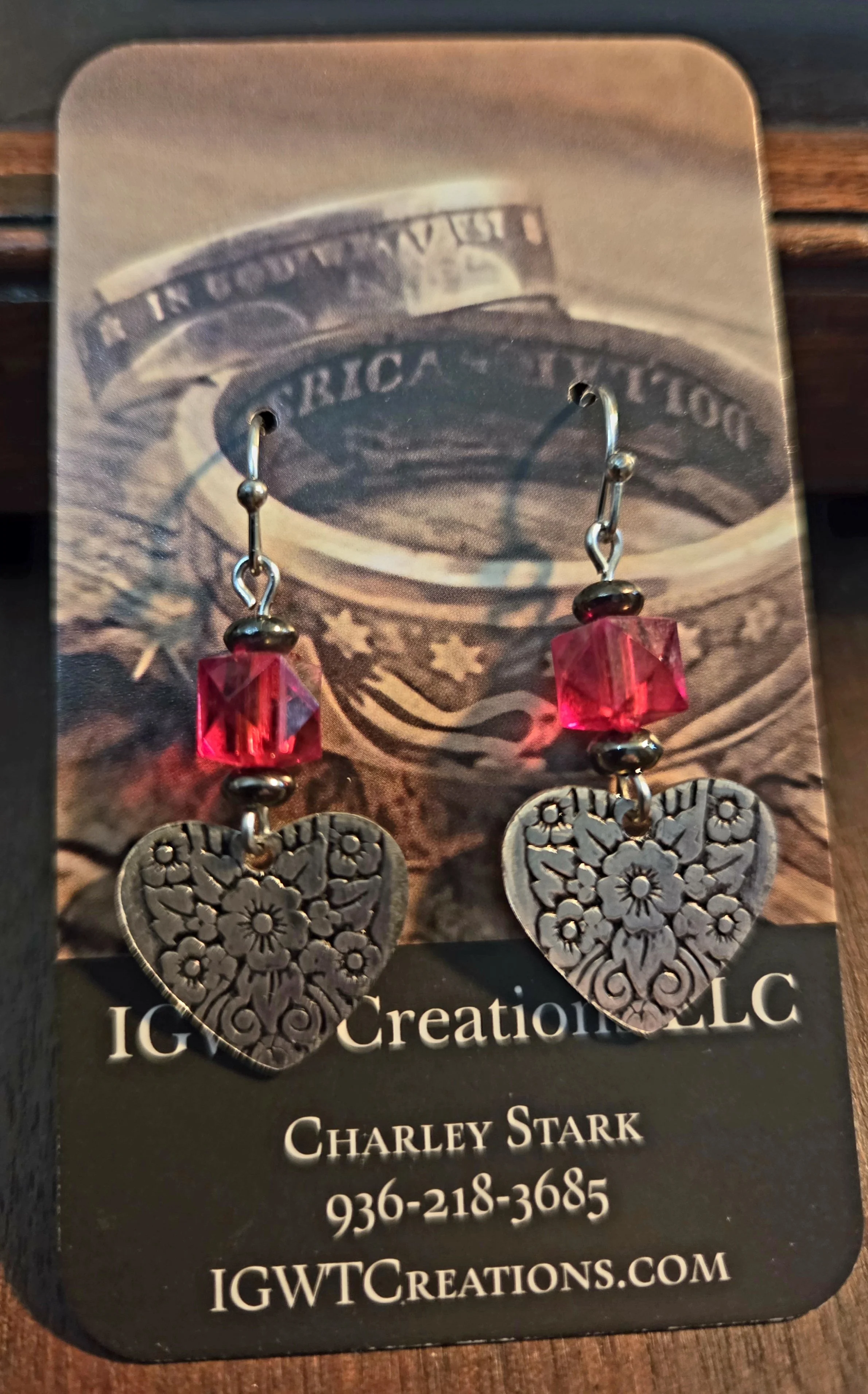 Vintage Silverware Heart Earrings with Ruby Accent