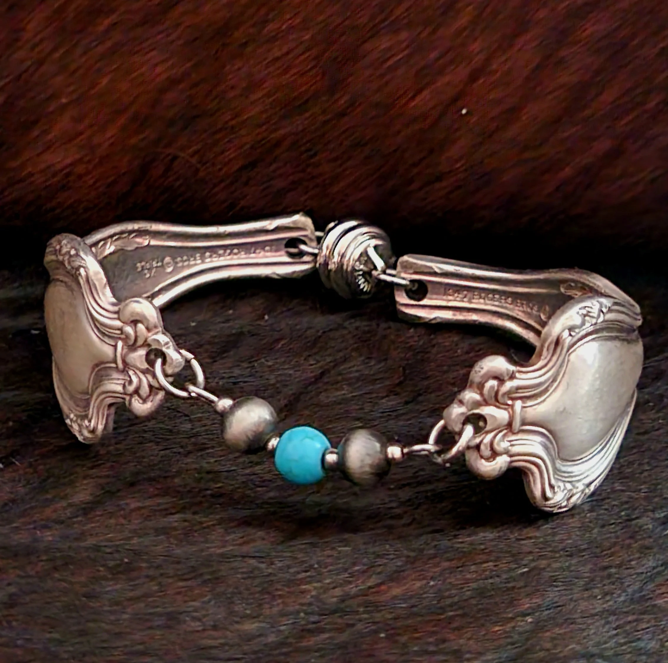 Turquoise bead silverware bracelet vintage repurposed