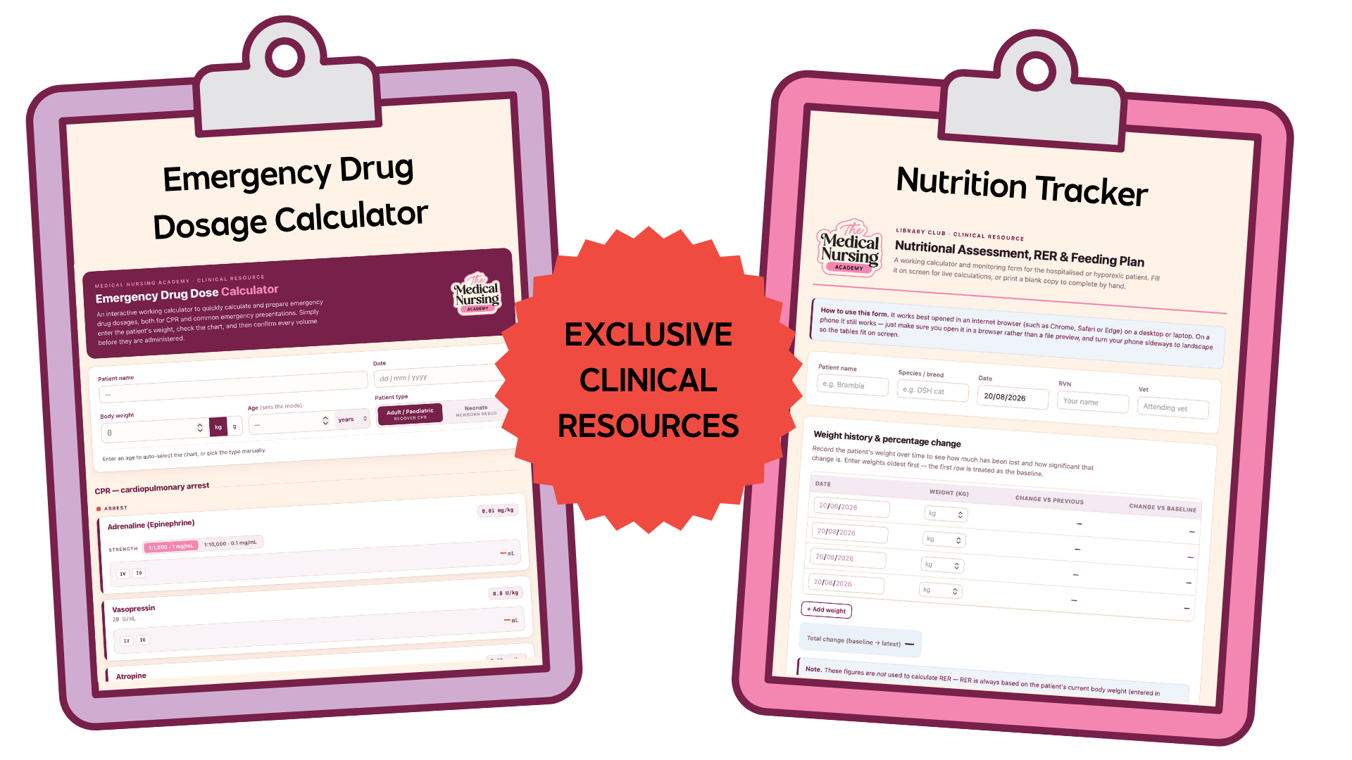 Examples of resources that can be downloaded inside the medical nursing library club - calculators, monitoring forms and more.