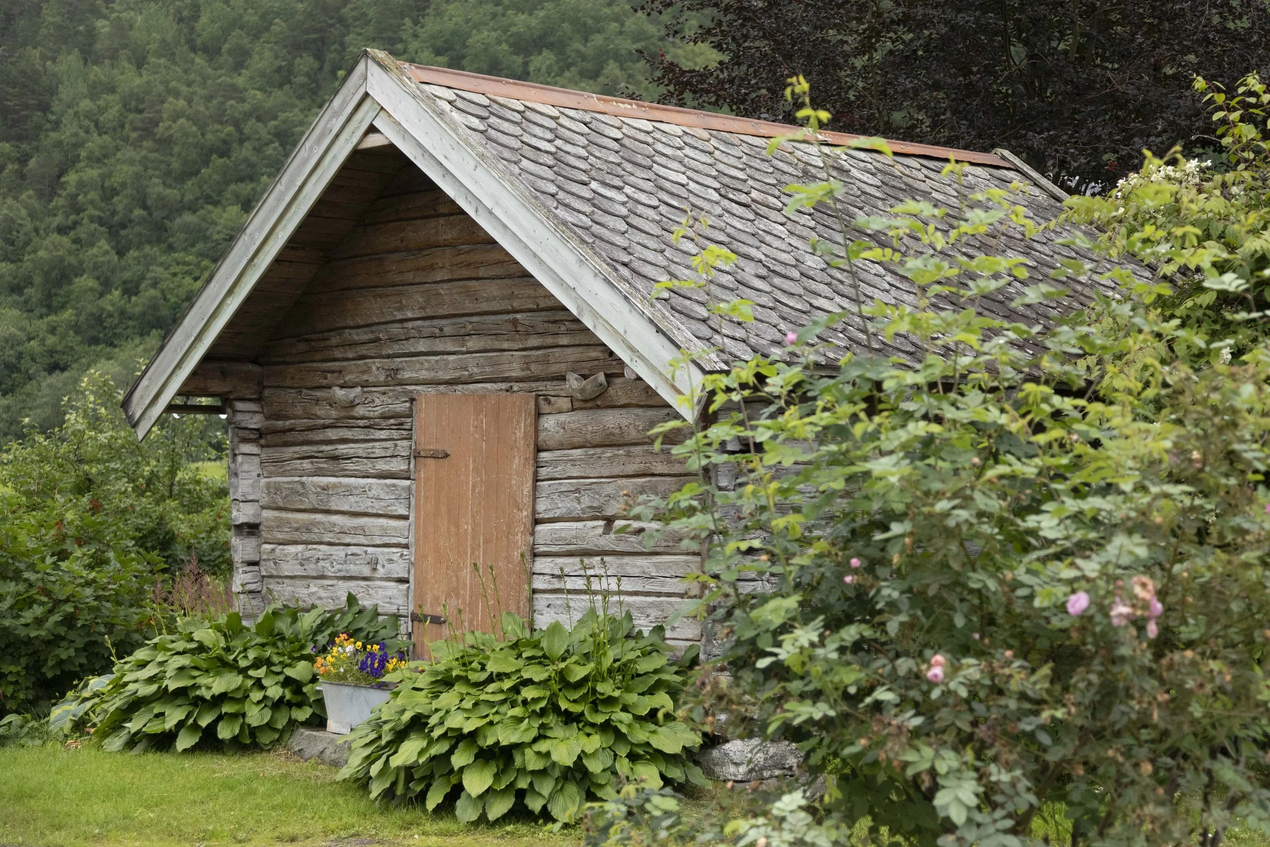 Laftet stabbur i hagen