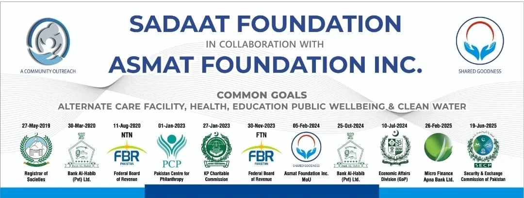 Banner for Sadaat Foundation and Asmat Foundation Inc. in collaboration, displaying project timelines and goals for healthcare, education, public well-being, and clean water, with logos of involved organizations and milestones from 2019 to 2025.