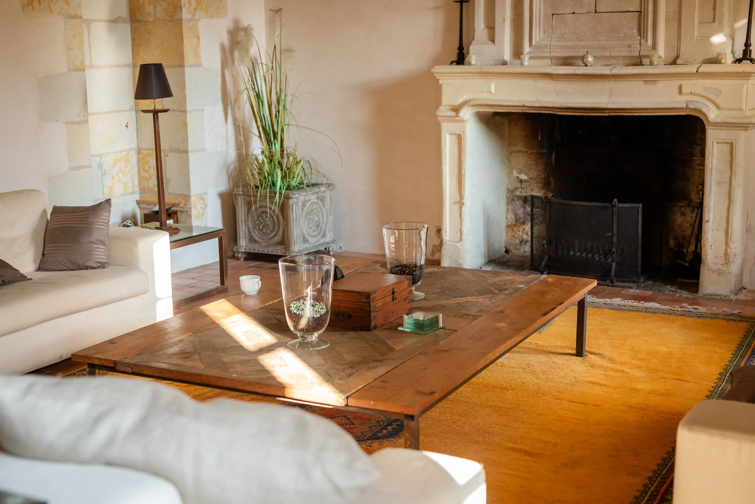 Salon intérieur avec cheminée en pierre, table en bois, bouteille de verre avec des fleurs, canapé beige avec coussins, lampe sur une table, plante en pot, tapis beige, ambiance chaleureuse et rustique.