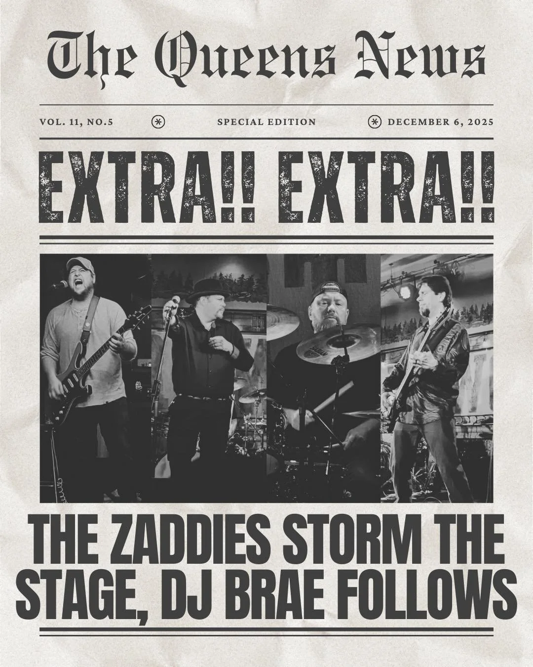 Rock night with @the.zaddies, 8:30&ndash;11:30pm. Be there.

DJ Brae takes it from there and runs late.

No cover.
Free pizza at midnight.