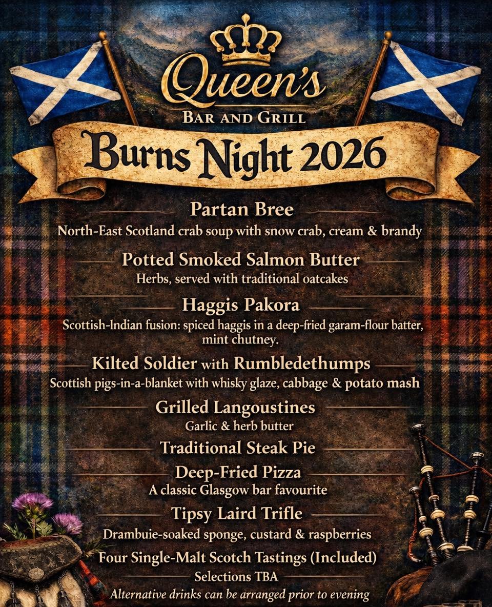 Burns Night, Done Properly 🥃🔥

Join us for a classic Burns Night celebration&mdash;good Scotch, bold flavours, and just the right amount of Scottish ceremony.

📅 Saturday, January 24
🕡 6:30 &ndash; 9:00 PM

💳 $95 per person
HST &amp; tax include