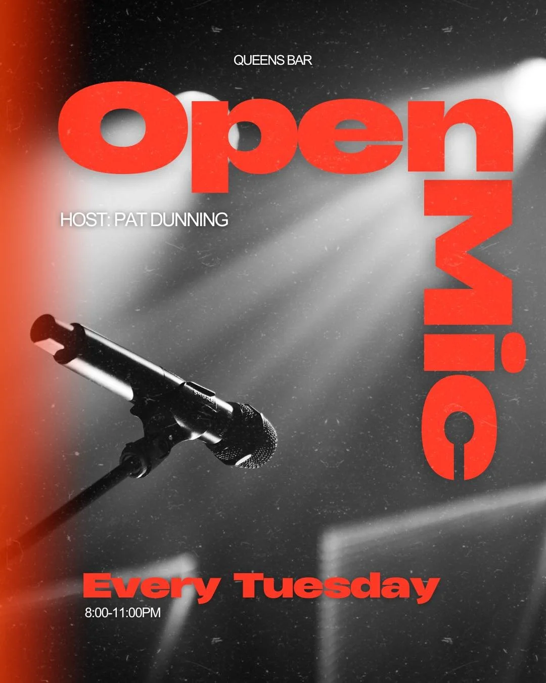 𝕺𝖕𝖊𝖓 𝕸𝖎𝖈 𝕿𝖔𝖓𝖎𝖌𝖍𝖙 🎤

Got vocals that hit, a guitar riff that tells a story, or a song you&rsquo;ve been dying to share? 

📅 Every Tuesday
🕘 8pm&ndash;11pm
📍 Queens Bar

🍻 $6.50 GLB tall boys + vodka coolers
🍺 $7.50 Steam Whistle + 