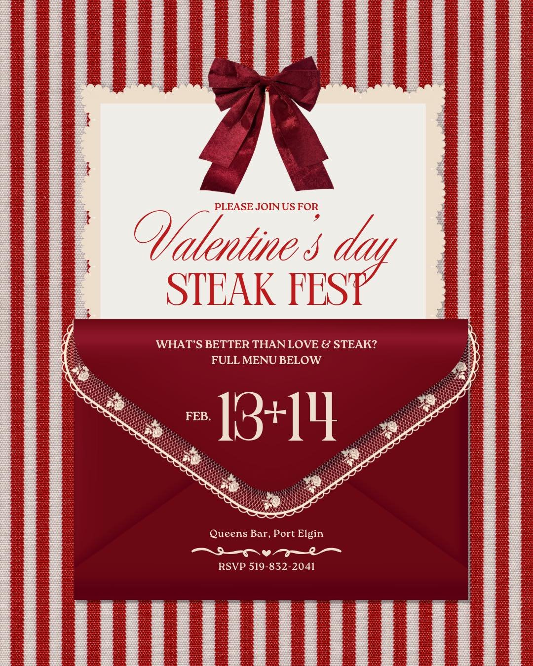 𝓠𝓾𝓮𝓮𝓷𝓼 𝓑𝓪𝓻 𝓥𝓪𝓵𝓮𝓷𝓽𝓲𝓷𝓮&rsquo;𝓼 𝓢𝓽𝓮𝓪𝓴𝓯𝓮𝓼𝓽 💕

𝘙𝘰𝘴𝘦𝘴 𝘢𝘳𝘦 𝘳𝘦𝘥,
𝘝𝘪𝘰𝘭𝘦𝘵𝘴 𝘢𝘳𝘦 𝘥𝘦𝘢𝘥,
𝘐𝘵&rsquo;𝘴 𝘝𝘢𝘭𝘦𝘯𝘵𝘪𝘯𝘦&rsquo;𝘴 𝘋𝘢𝘺
𝘚𝘰 𝘦𝘢𝘵 𝘢 𝘴𝘵𝘦𝘢𝘬 𝘪𝘯𝘴𝘵𝘦𝘢𝘥 🥩

📅 February 13th &amp; 14th