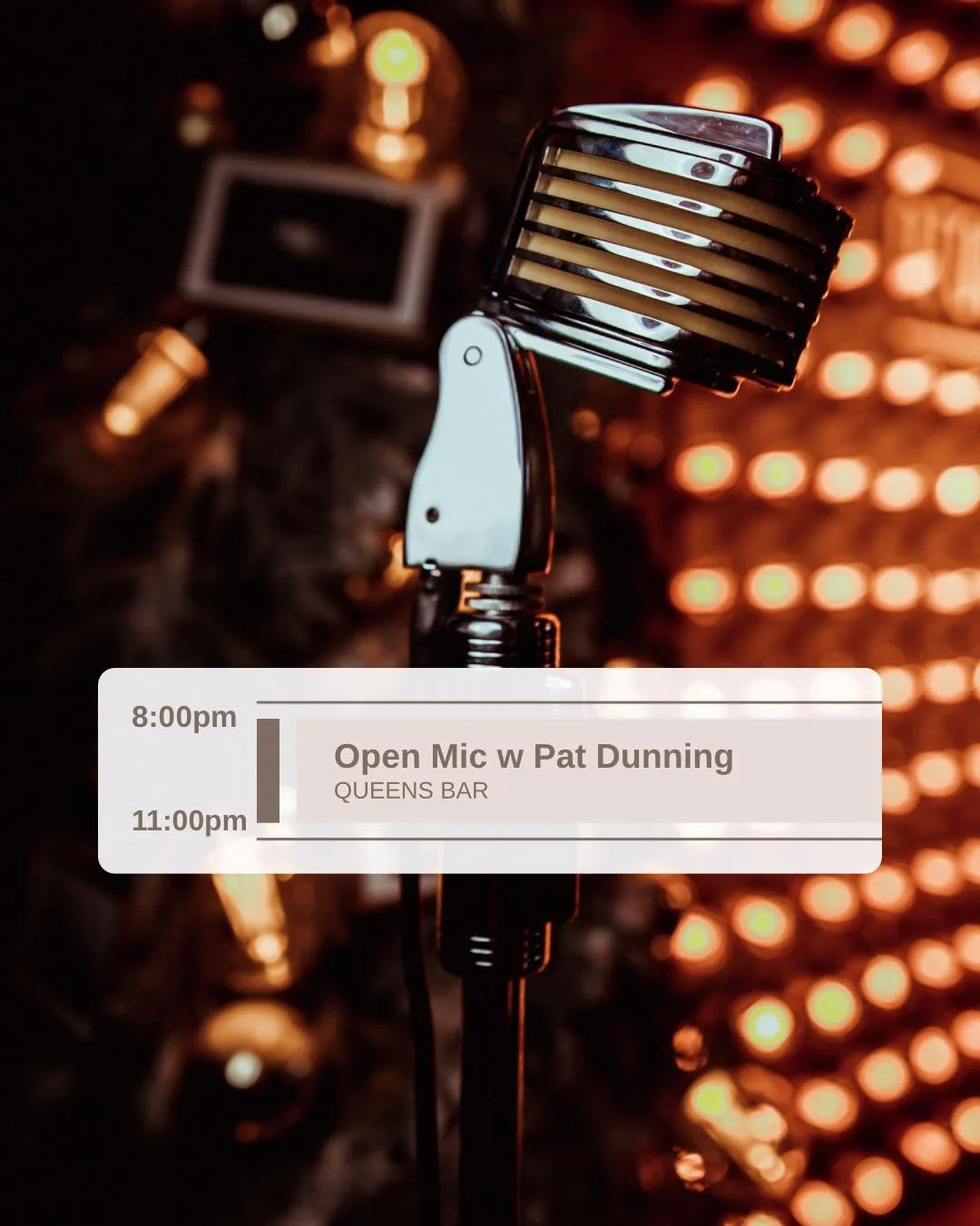 Open Mic Tonight 🎤

Got a song you&rsquo;ve been working on? Or just feel like getting up and playing a few tunes? Come by and join us.

Hosted by Pat Dunning, keeping things running smooth all night.

📅 Tuesdays
🕘 8&ndash;11pm
📍 Queens Bar

🍻 $