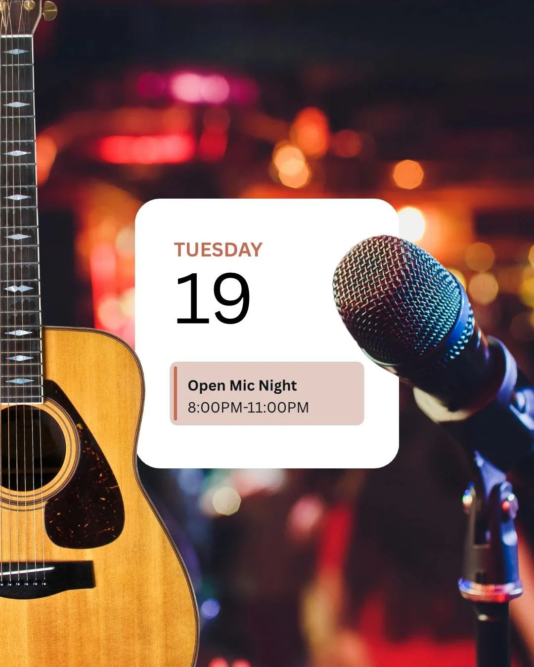 Open Mic Tonight 🎤

Been working on a song? Or just feel like getting up and playing a few tunes? Come hang out and jump in.

Hosted by Pat Dunning, keeping the night rolling.

📅 Tuesdays
🕘 8&ndash;11pm
📍 Queens Bar

🍻 $6.50 GLB tall boys + vodk