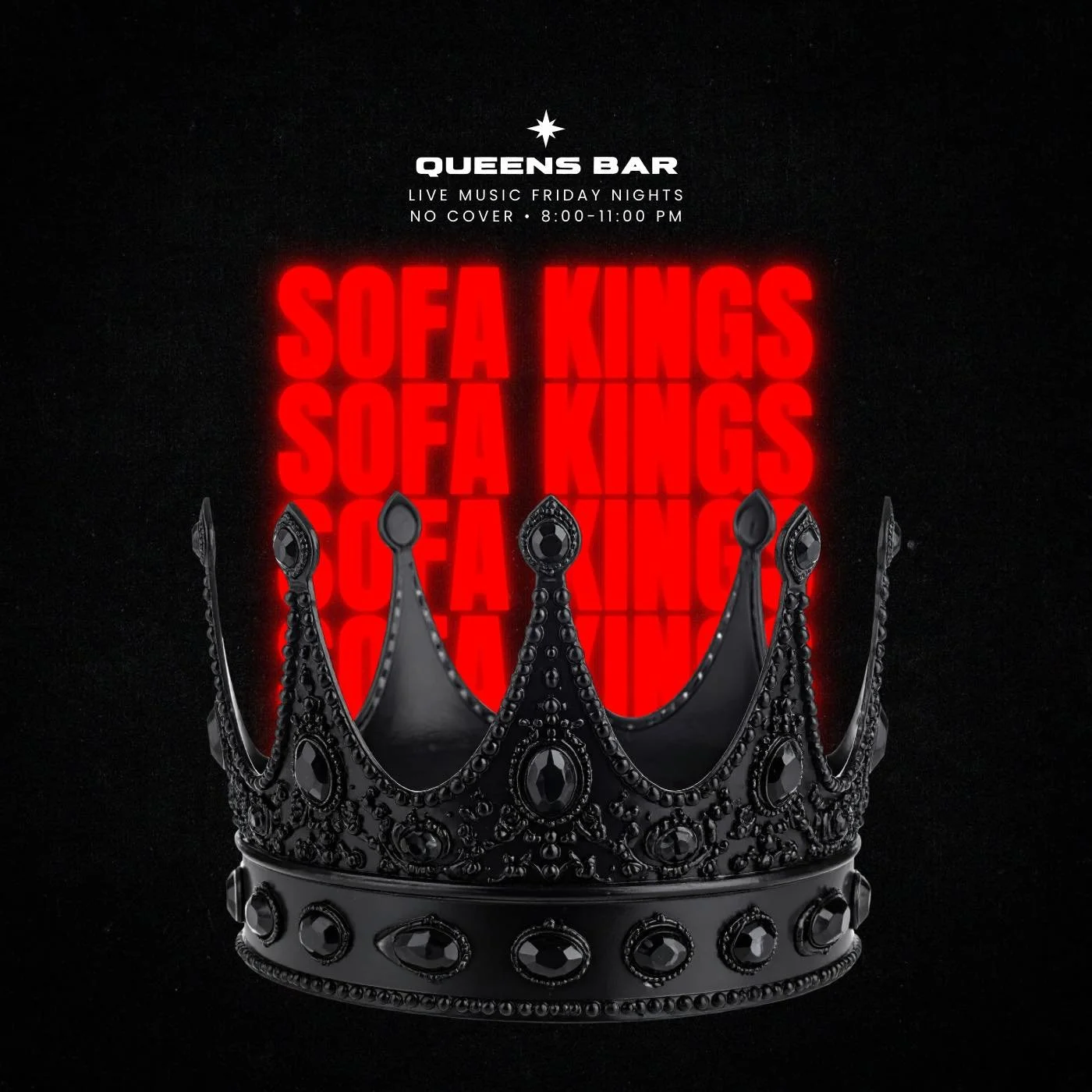 Royal vibes. Sofa Kings style 👑🎶

Join us Friday night as The Sofa Kings take the stage from 8&ndash;11pm and keep the party going.