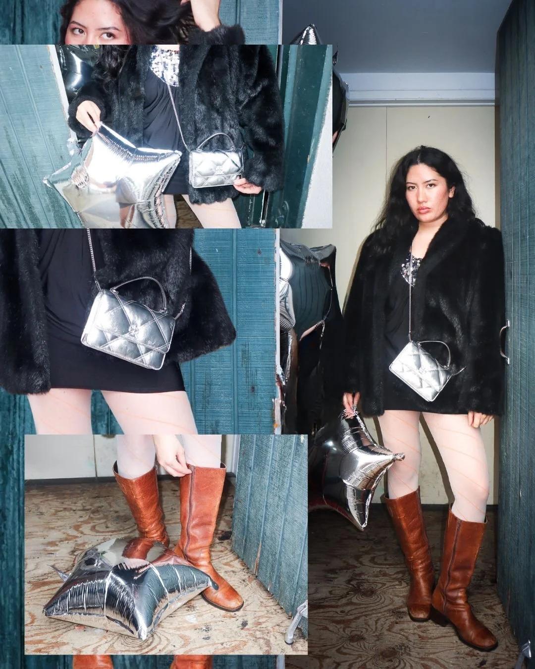  Fur coat, tall leather boots, silver crossbody bag, sequin top, tights 