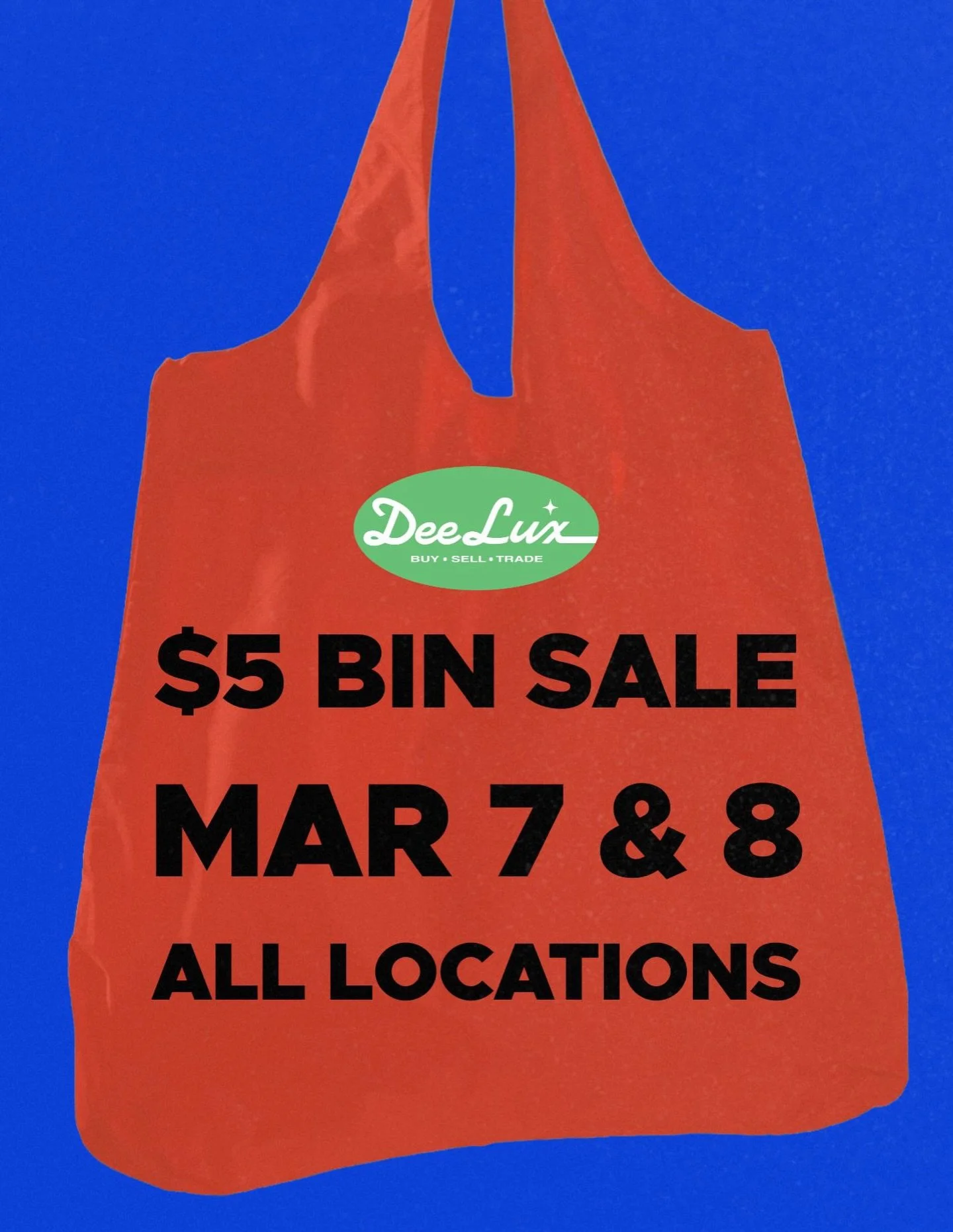 Our $5 Bin Sale is back next weekend, March 7 &amp; 8 ⭐️
 All the vintage and contemporary styles you love, all in bins, just $5 each.

Shop the sale at all DeeLux locations: 📍 Orange 📍 Claremont 📍 Highland Park

#clothingsale #vintagesale