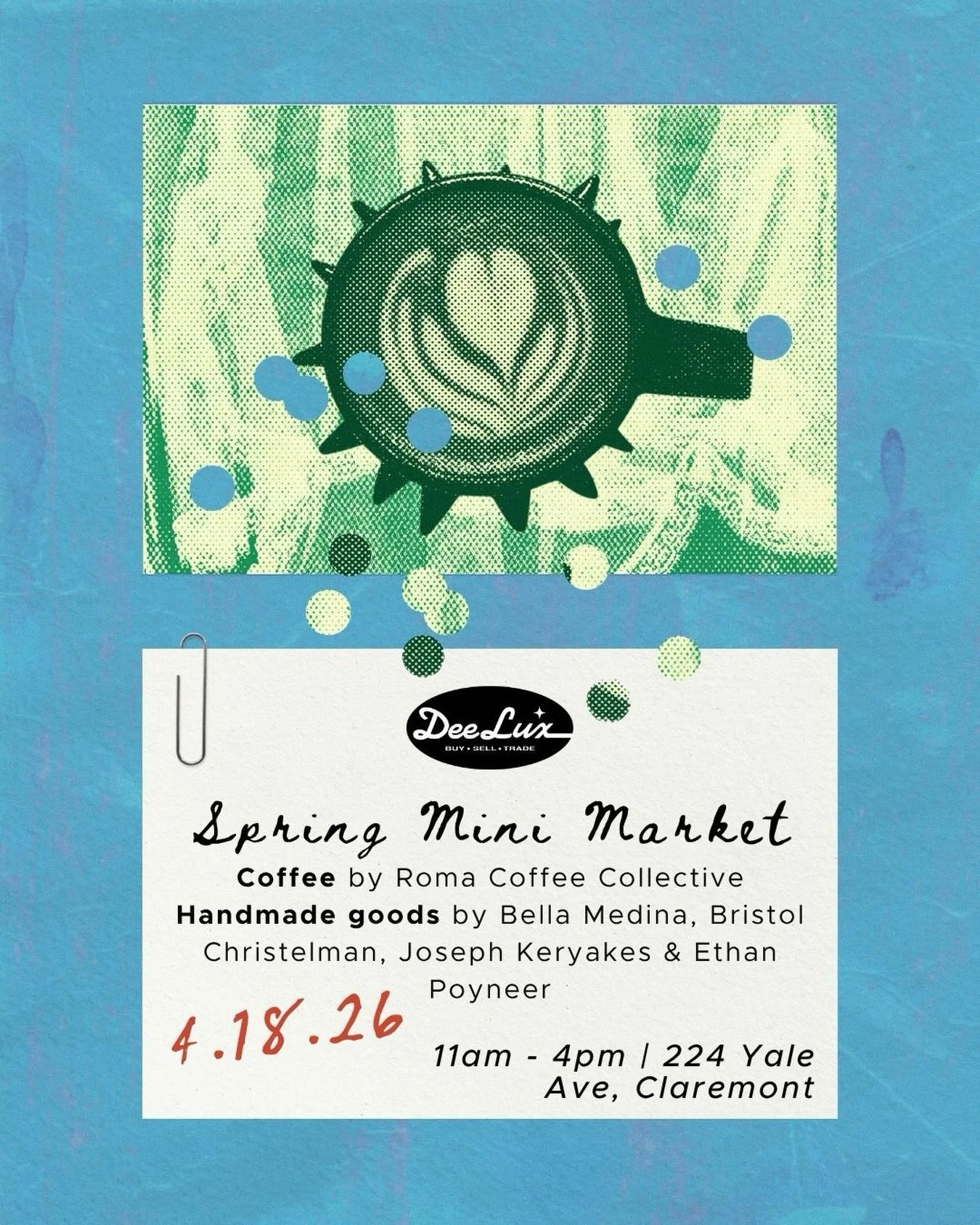 Sip and shop at our Spring Mini Market🌷 We&rsquo;ve got coffee and matcha by @romacoffeecollective + handmade goods by some very cool creatives. 

4.18 &bull; 11am-4pm
📍224 Yale Ave, Claremont

See you there <3