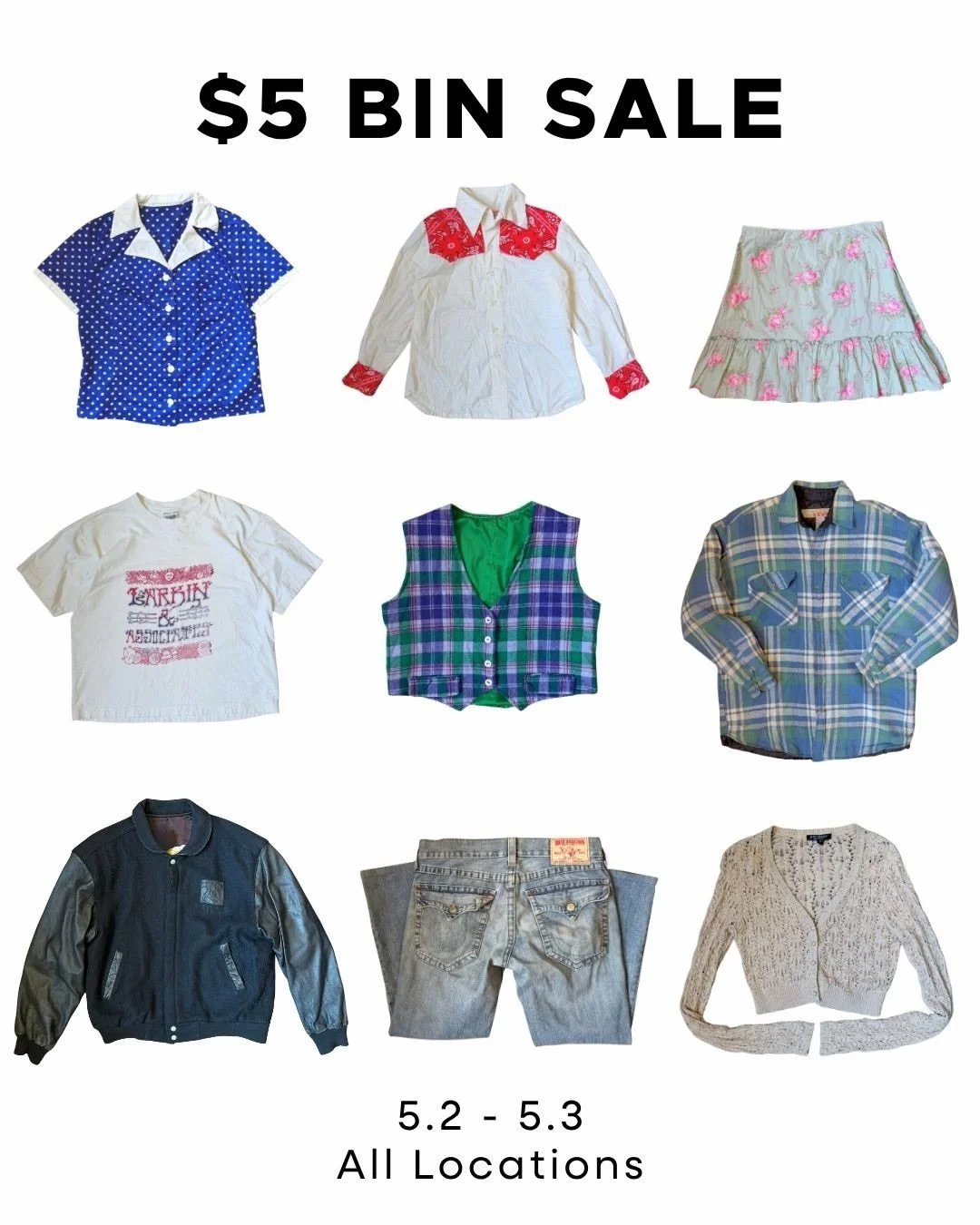 Save this for this weekend, 5.2 - 5.3‼️

Find $5 clothing bins outside all DeeLux locations👕

#clothingsale #vintagesale #deelux