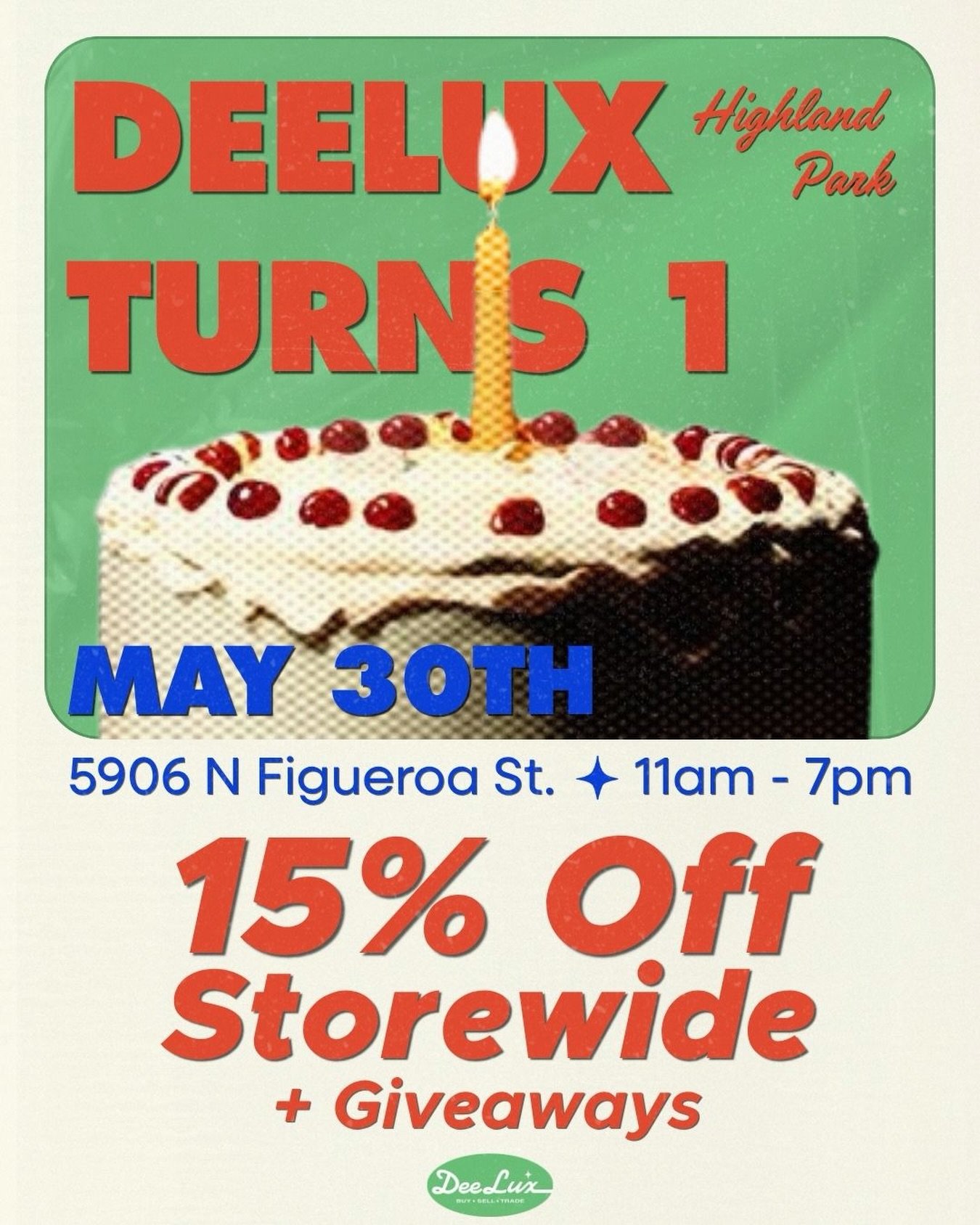 Our Highland Park store is turning 1!💚

Enjoy 15% off storewide + additional giveaways😊

May 30th, 11am - 7pm, 5906 N Figueroa St. Los Angeles

#deelux #clothingsale #vintagesale