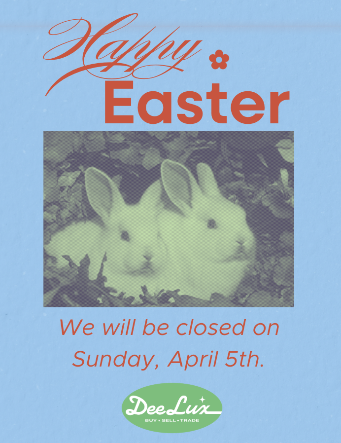 Graphic of two bunnies. "Happy Easter". "We will be closed on Sunday, April 5th"