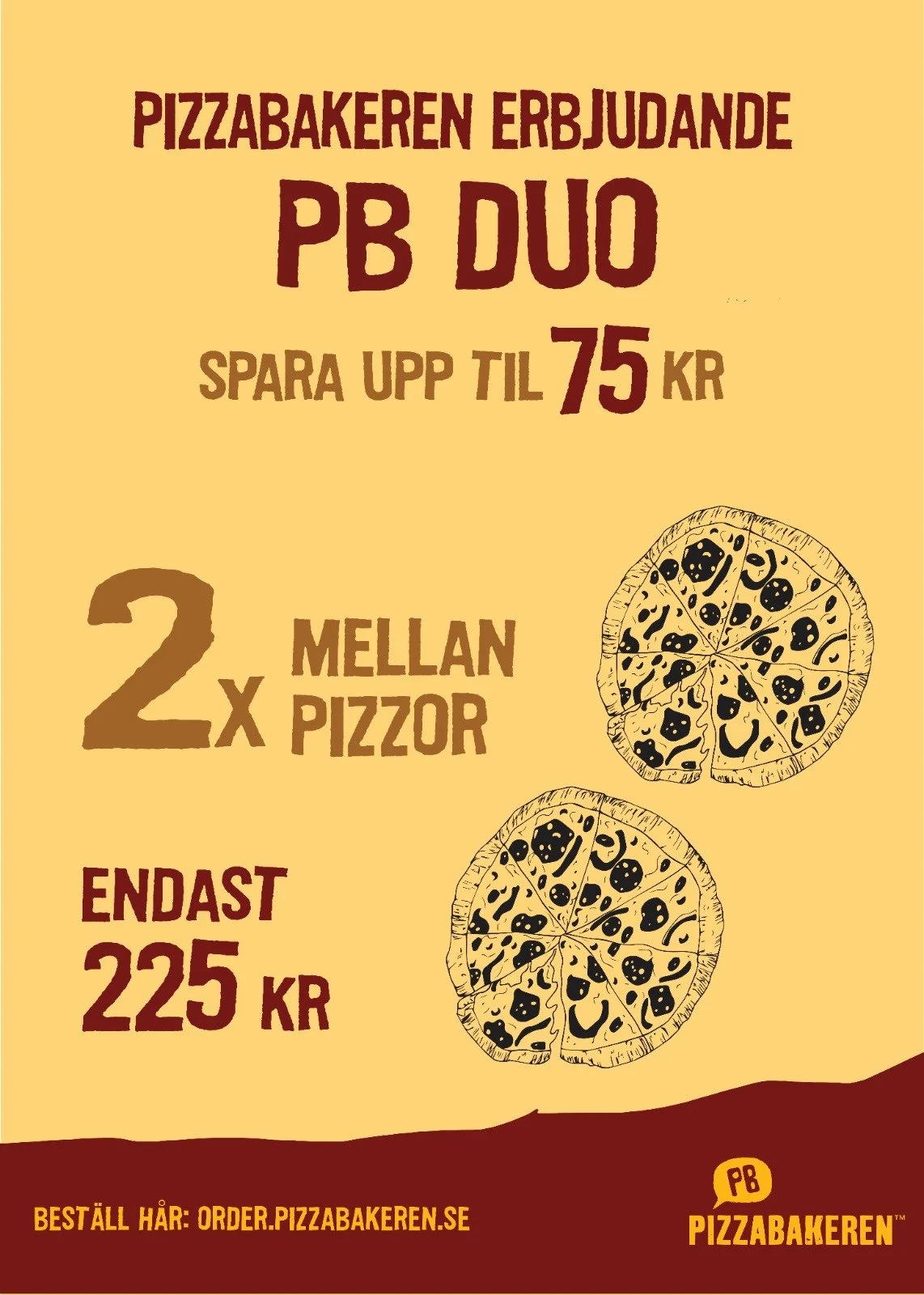 Advertisement for Pizzabakeren's special offer of two PB Duo pizzas with two toppings, saving up to 75 SEK, priced at 225 SEK. The ad features illustrations of two pizzas with toppings, and text in Swedish.