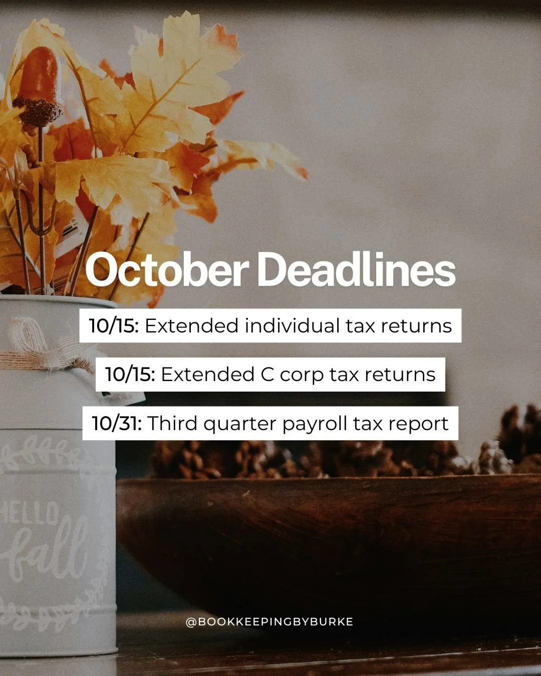 October is for tricks, treats, and TAXES! 🎃

📆 October 15 📆 

Extended individual tax returns (Form 1040) and extended calendar-year C corps (Form 1120) are due.

📆 October 31 📆

It's not *just* Halloween, it's also the due date for employers to