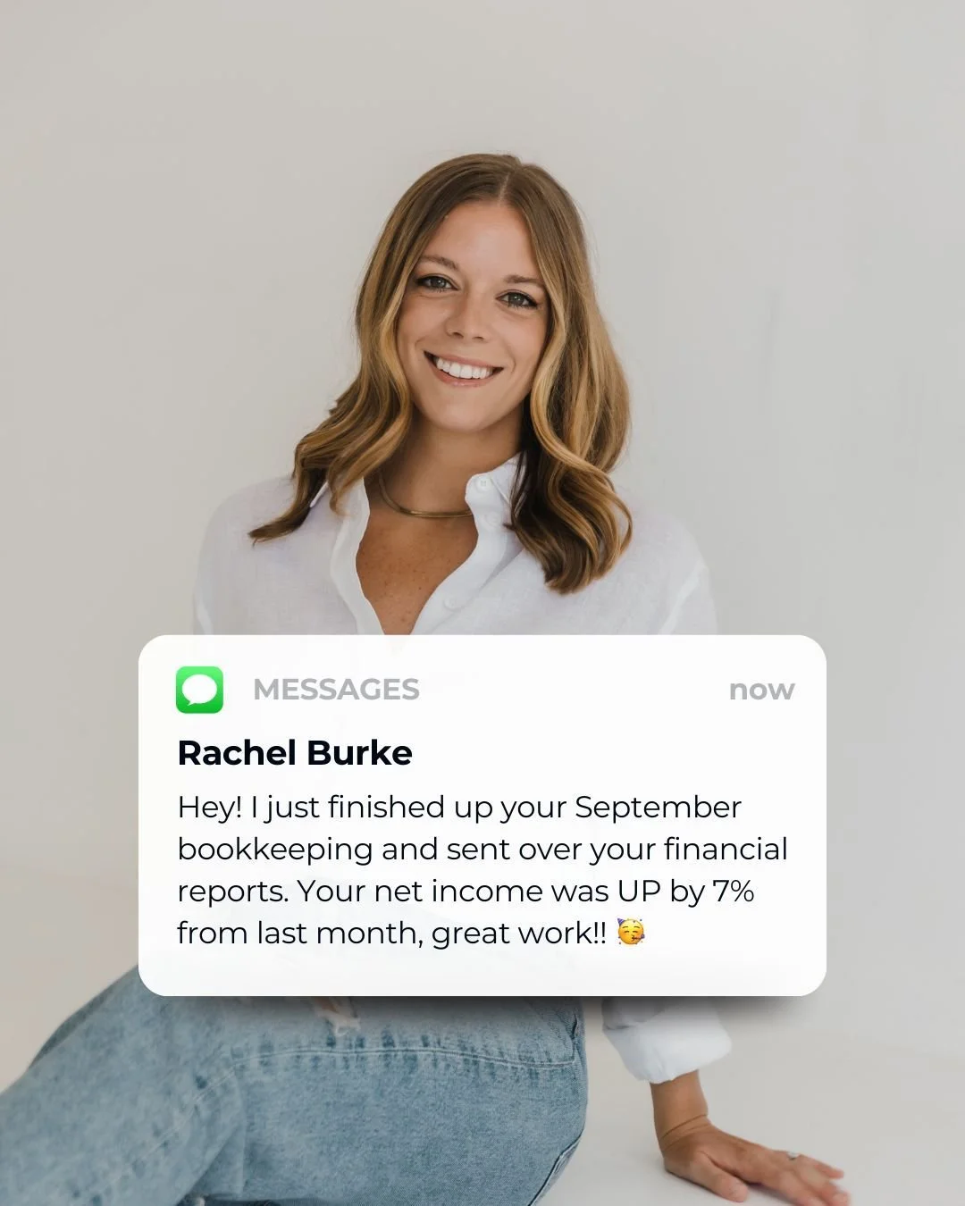 POV: You're a client who gets this type of text from your bookkeeper every month! 📲

Oh, your bookkeeper *isn't* keeping you updated on your financial status and pointing out your wins (or opportunities for growth)?! 

Bookkeeping by Burke clients c