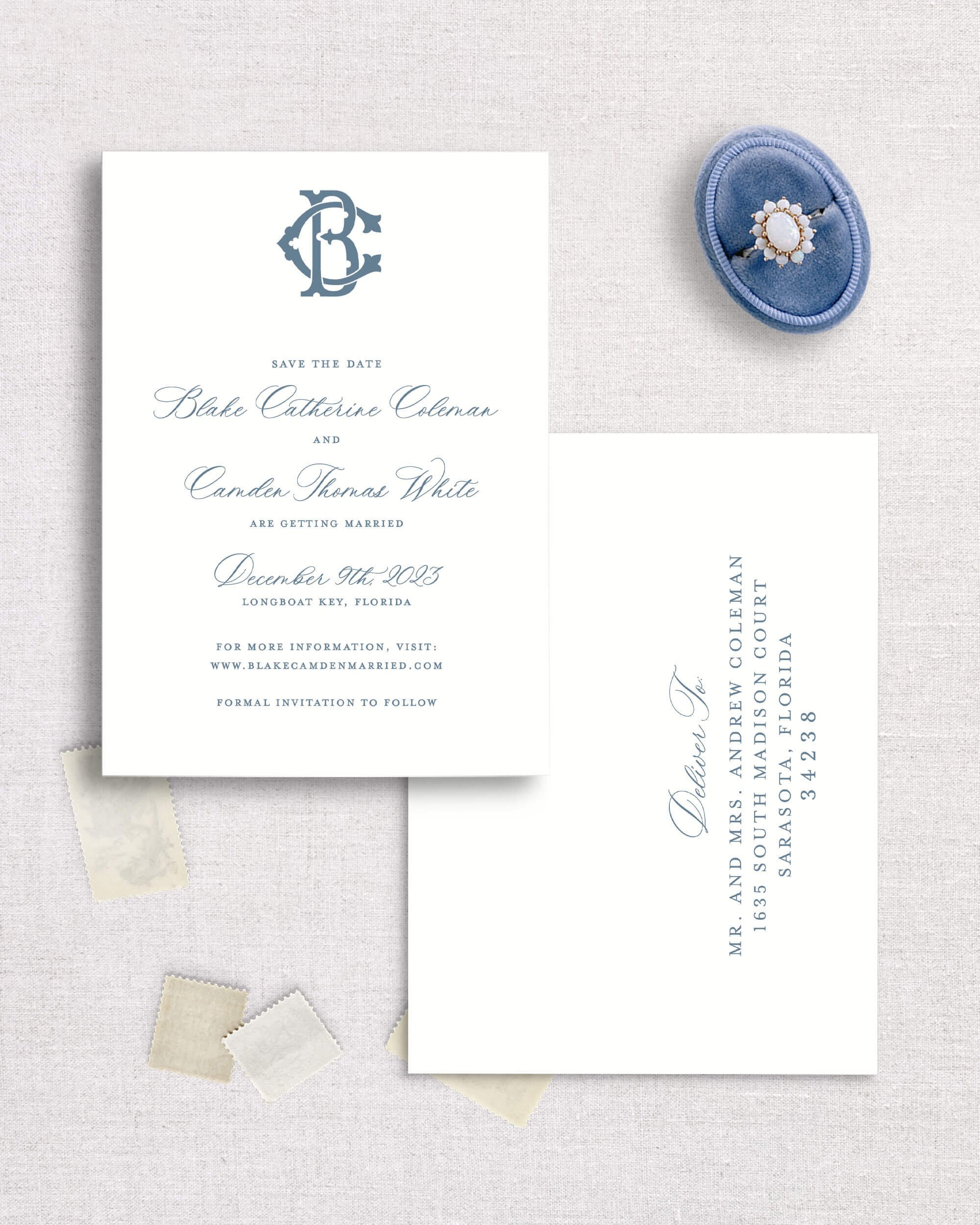 Blake suite semi-custom template save the date wedding script two letter monogram traditional navy blue coastal luxe wedding