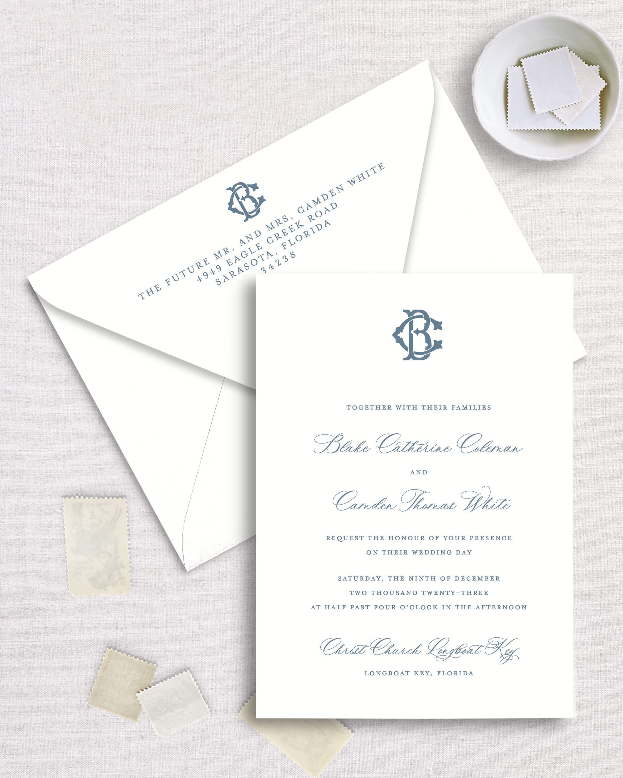 Blake suite wedding invitation classic coastal wedding script font envelope blue two letter monogram semi-custom template