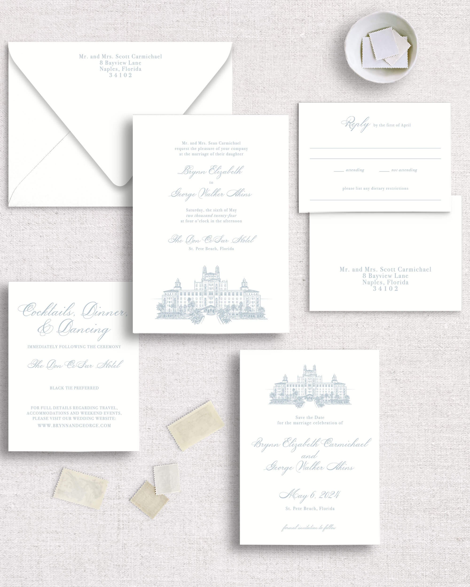 Brynn suite destination wedding invitation semi-custom template Florida coastal luxe custom venue line art illustration. Light blue colors