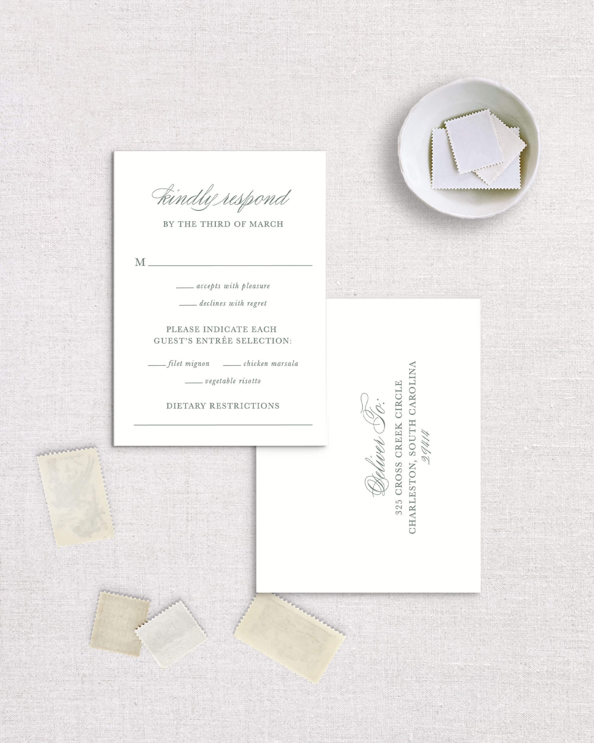 Caroline suite template semi-custom reply rsvp card with envelope script font classic traditional reply card