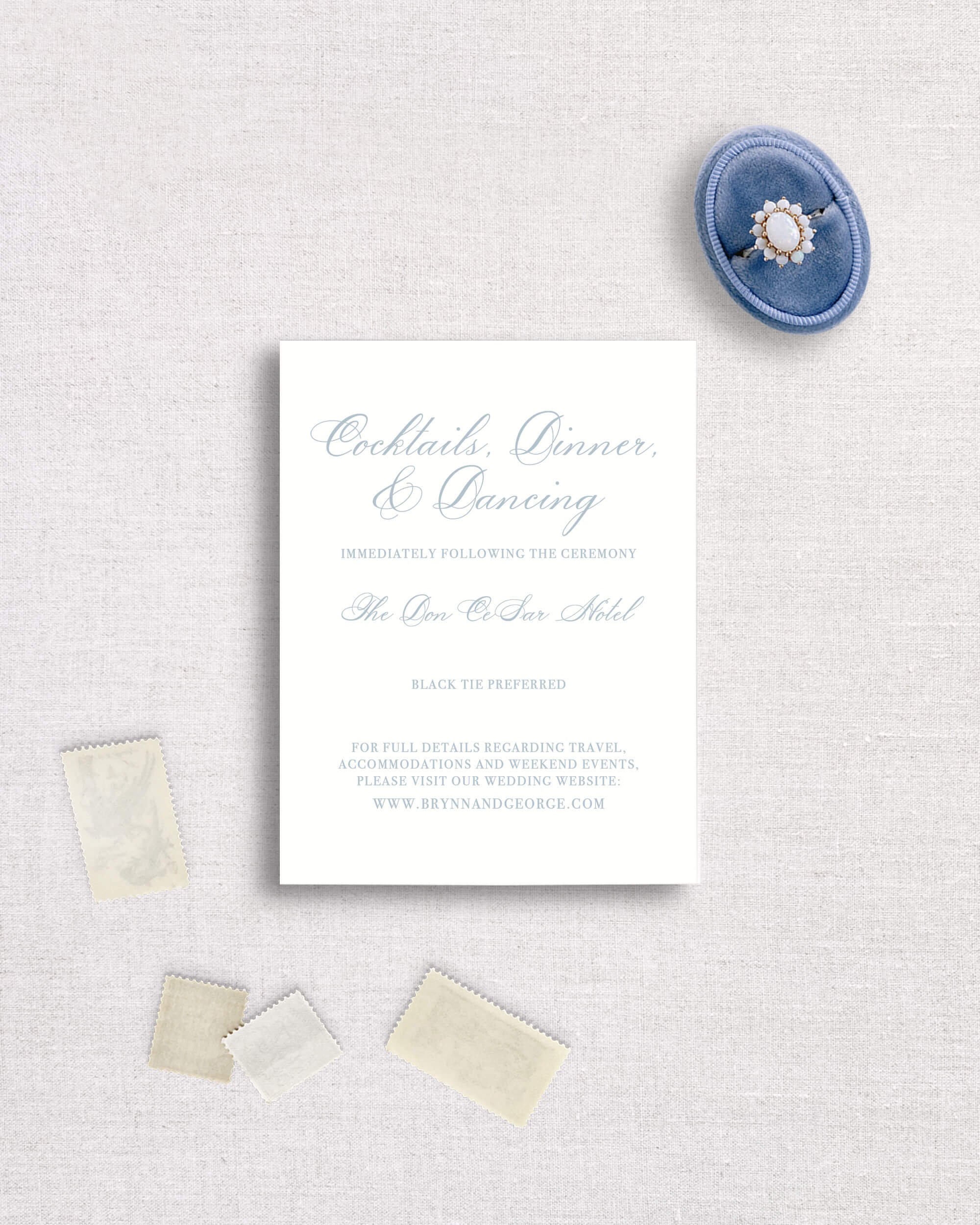 Brynn suite details event accommodations card semi-custom wedding invitation coastal elegant classic luxury wedding