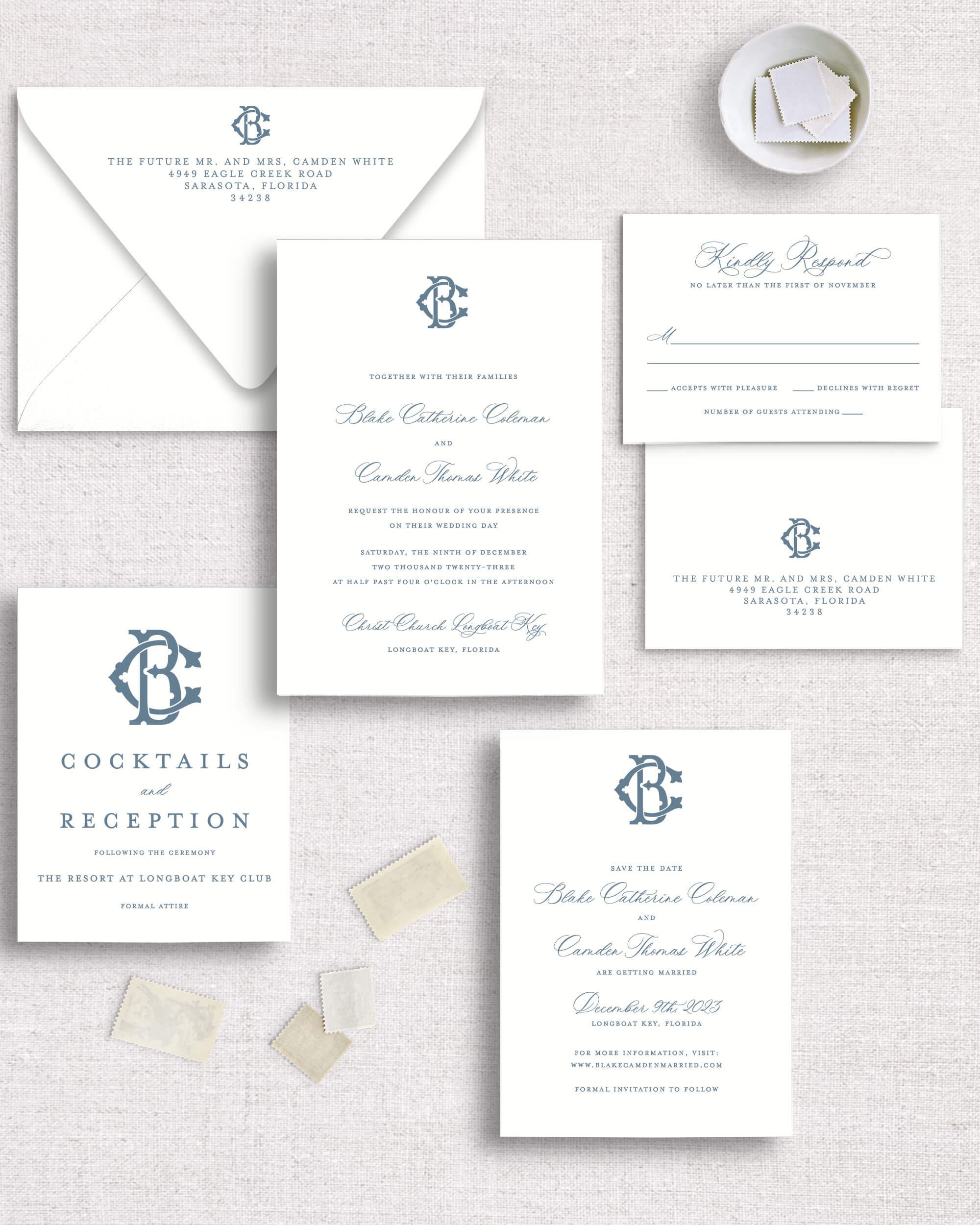 Blake suite two letter monogram blue wedding invitation suite for Florida coastal wedding. Semi-Custom clean and classic timeless