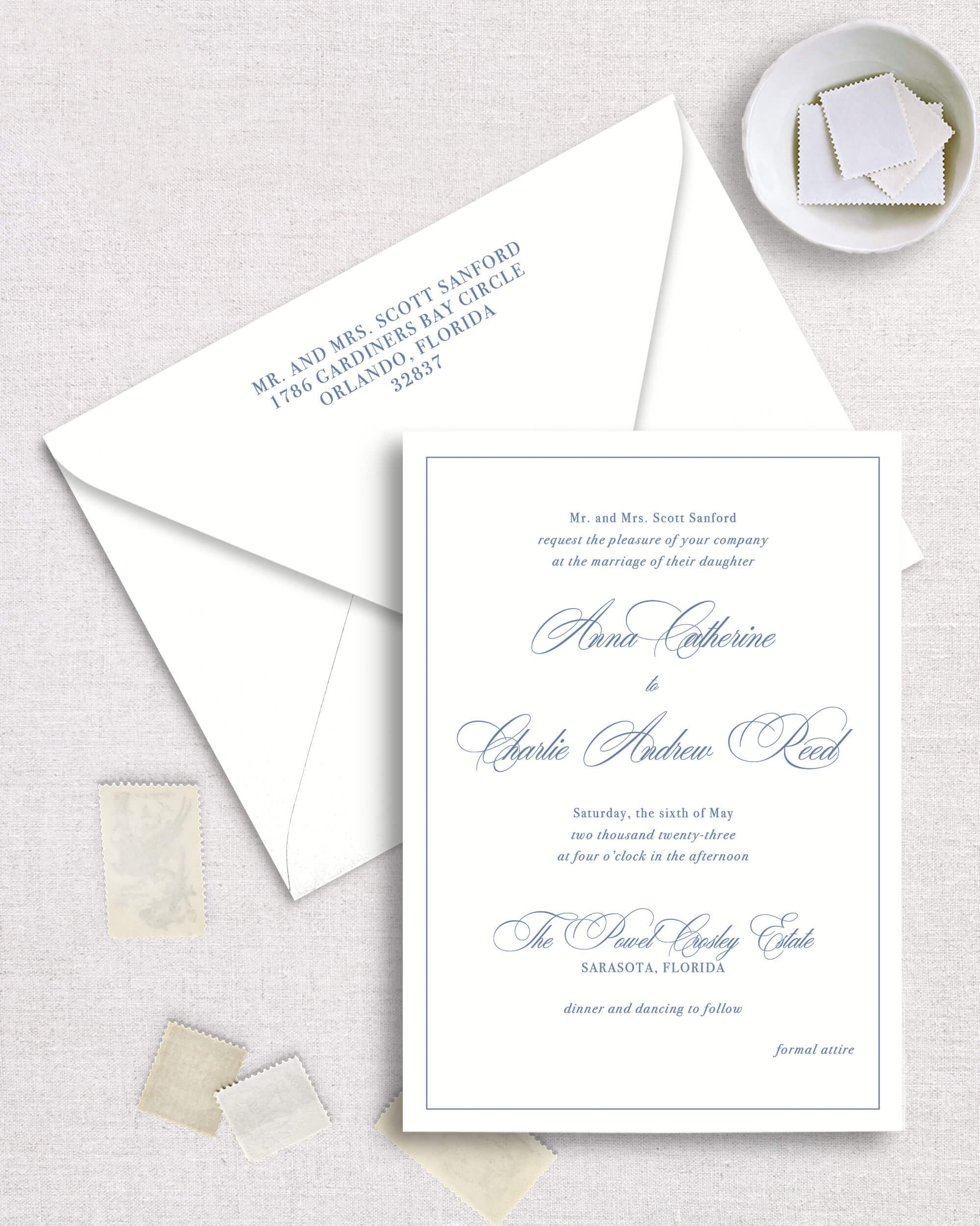 Anna suite wedding invitation formal elegant script font envelope addressing navy blue color palette