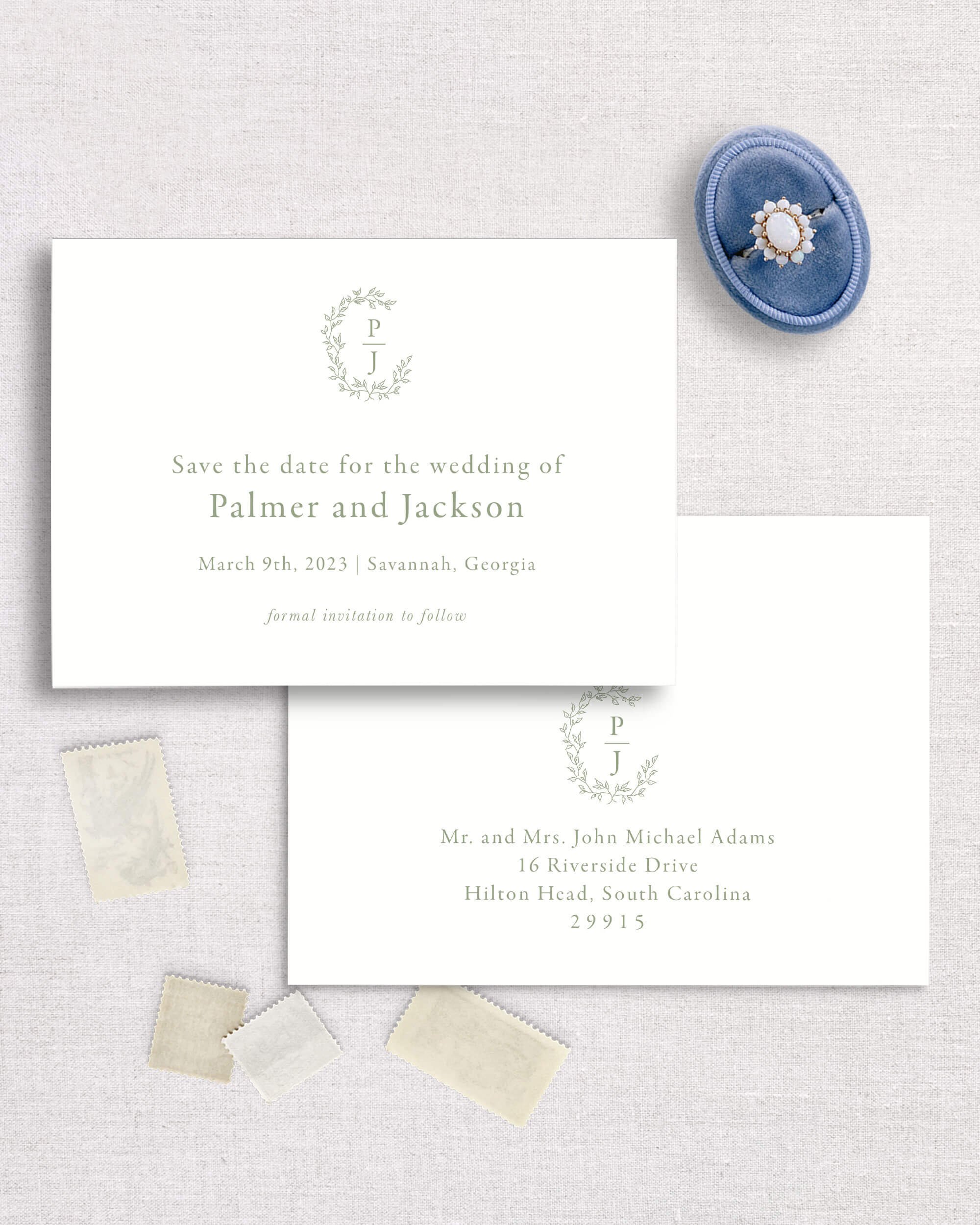 Palmer suite semi-custom save the date invitation southern wedding custom two letter monogram flower vine crest