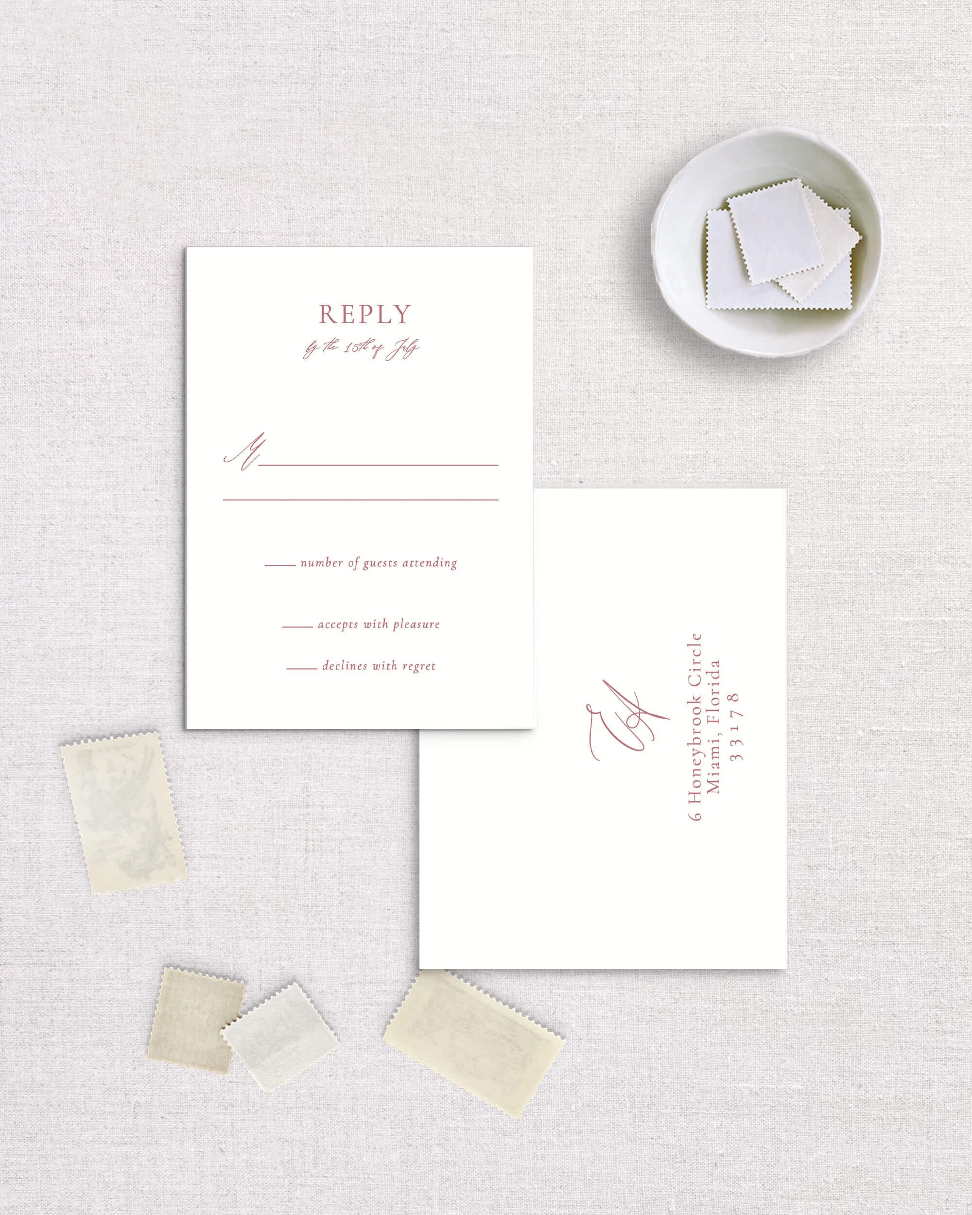 Emily suite template semi-custom invitation reply rsvp card with envelope classic crisp design two monogram