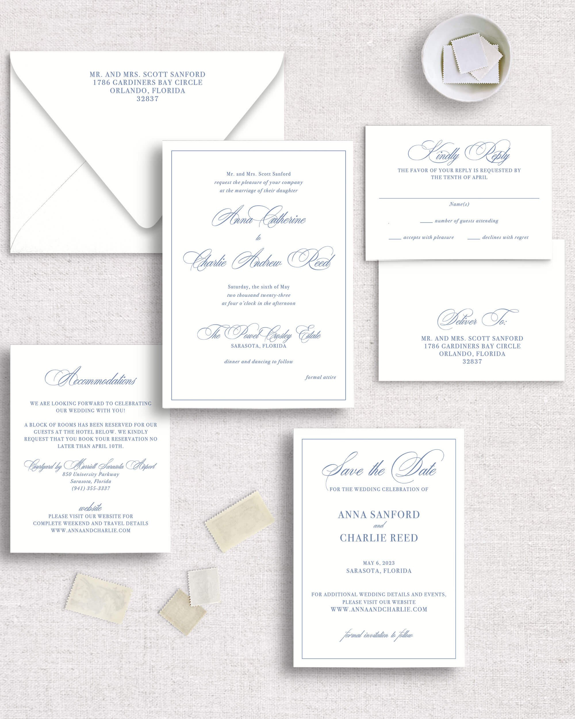 Anna suite semi-custom navy blue script font coastal elegant black tie wedding invitation cards
