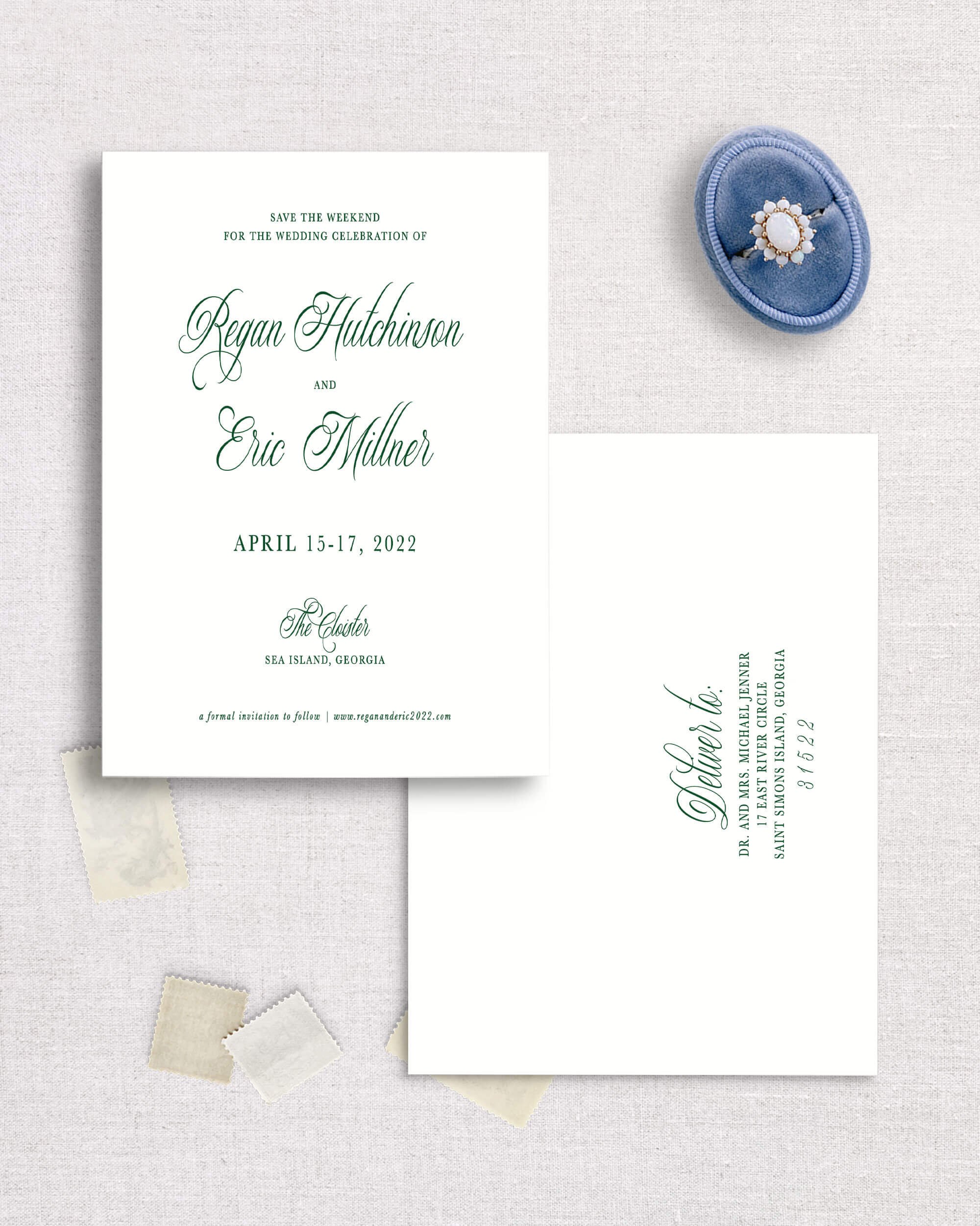 Regan suite save the date template semi-custom romantic and classic design forest green font southern invitation