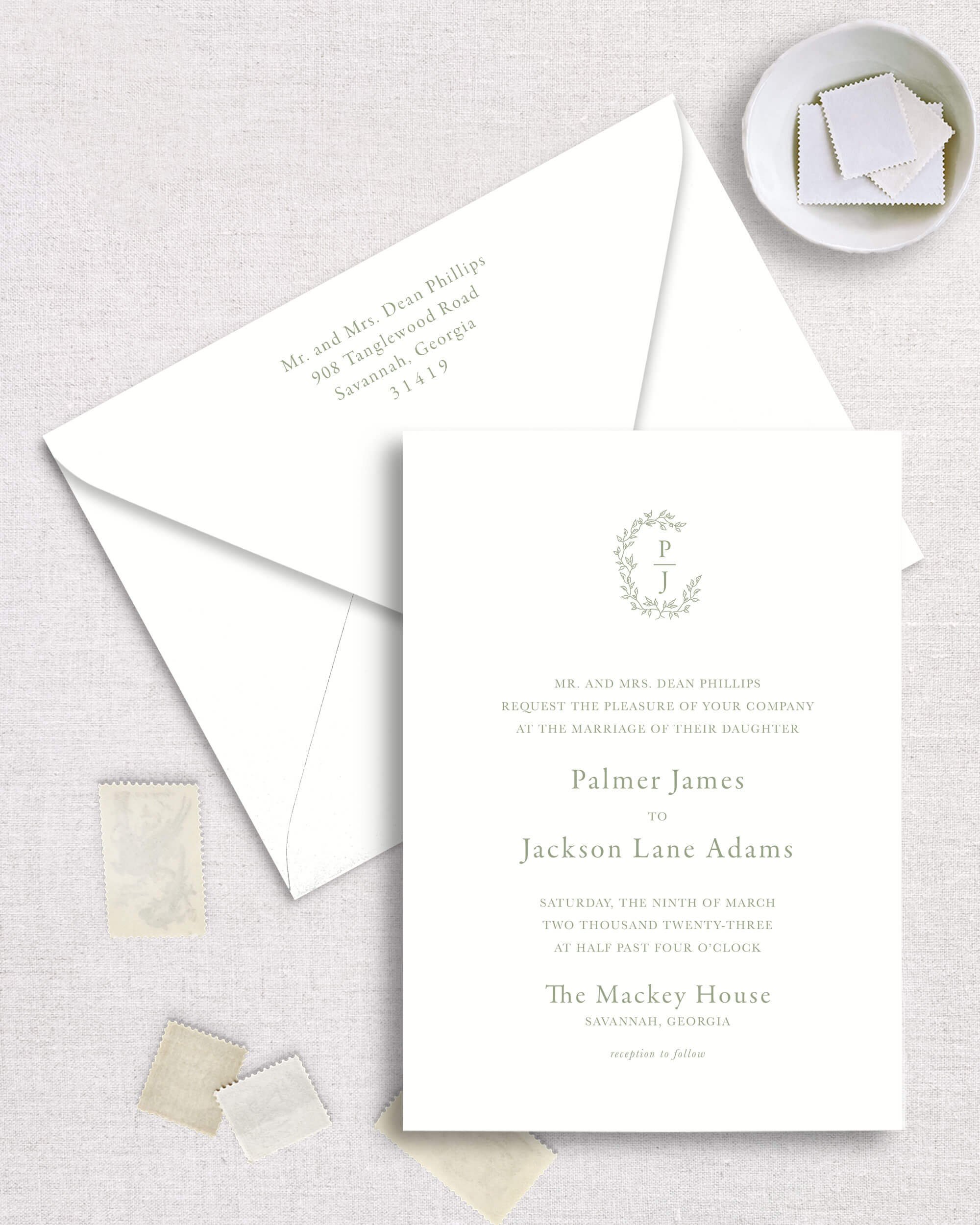 Palmer suite semi-custom template wedding invitation stacked two letter monogram floral crest class serif font design