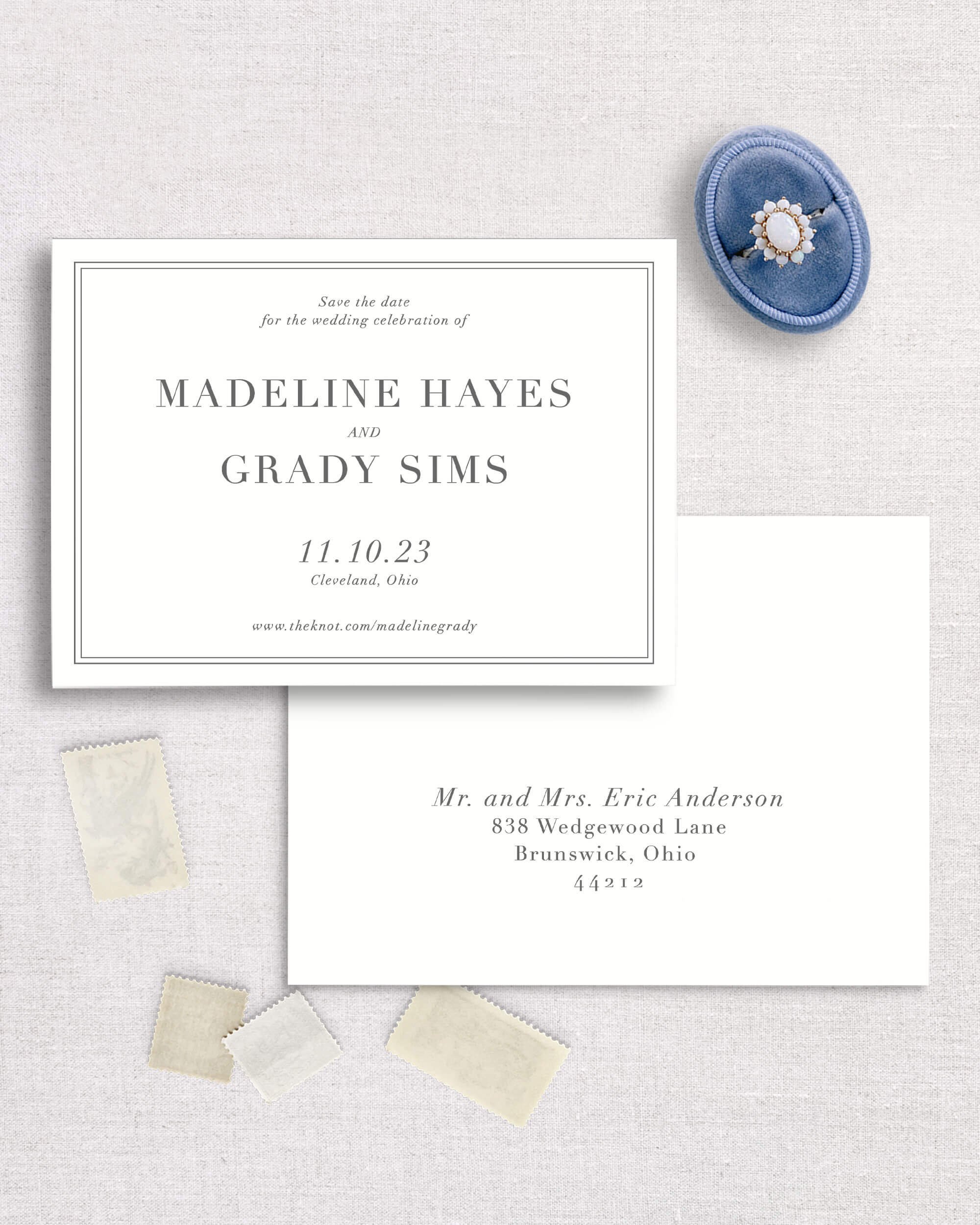 Madeline suite collection save the date template semi-custom timeless modern black and grey design