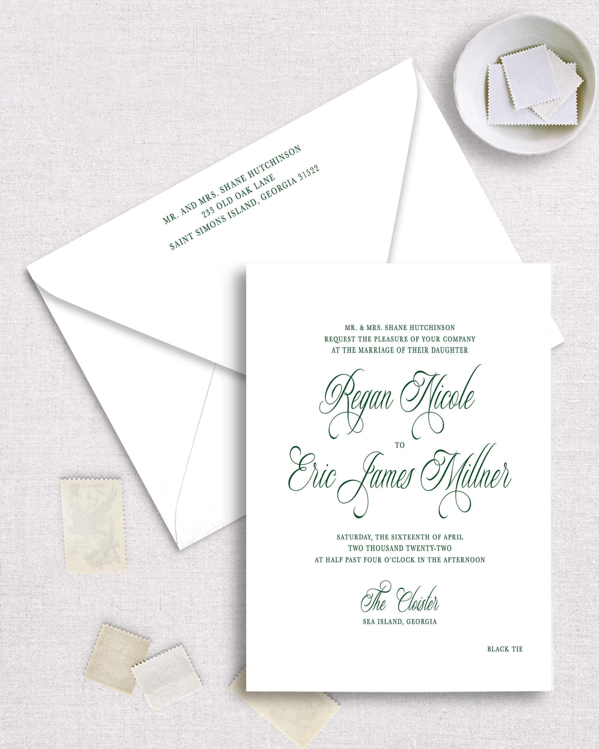 Regan suite wedding invitation semi-custom romantic elegant southern wedding black tie script font with flourishes