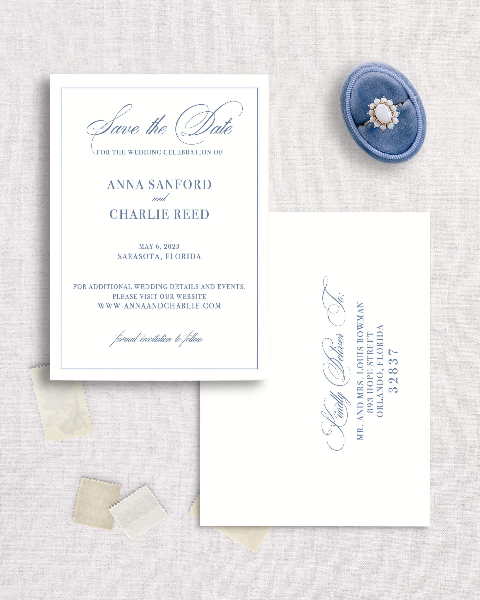 Anna suite semi-custom save the date wedding script font traditional invitation navy blue theme