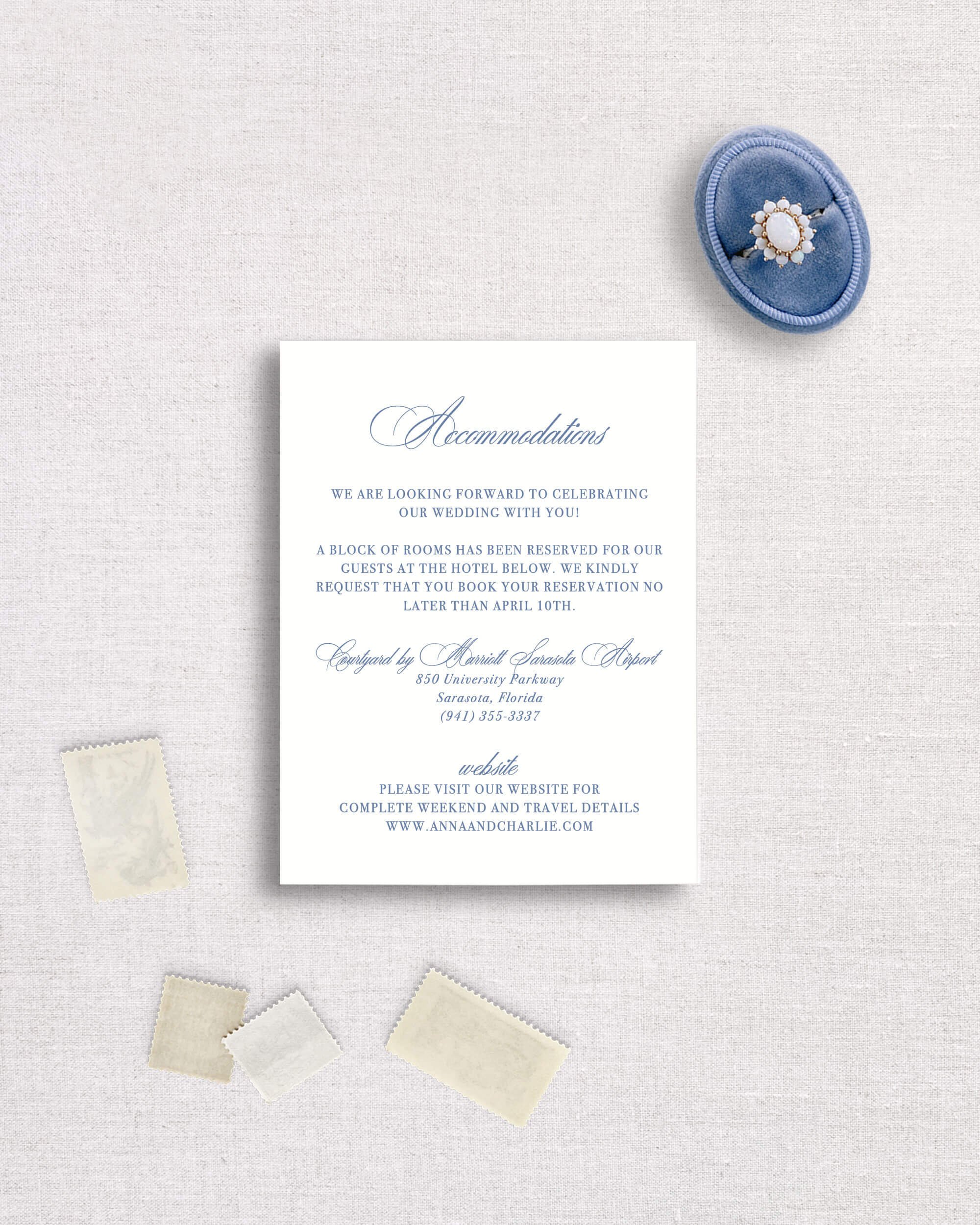 Anna suite details event card semi-custom wedding invitation template navy blue coastal classic elegant