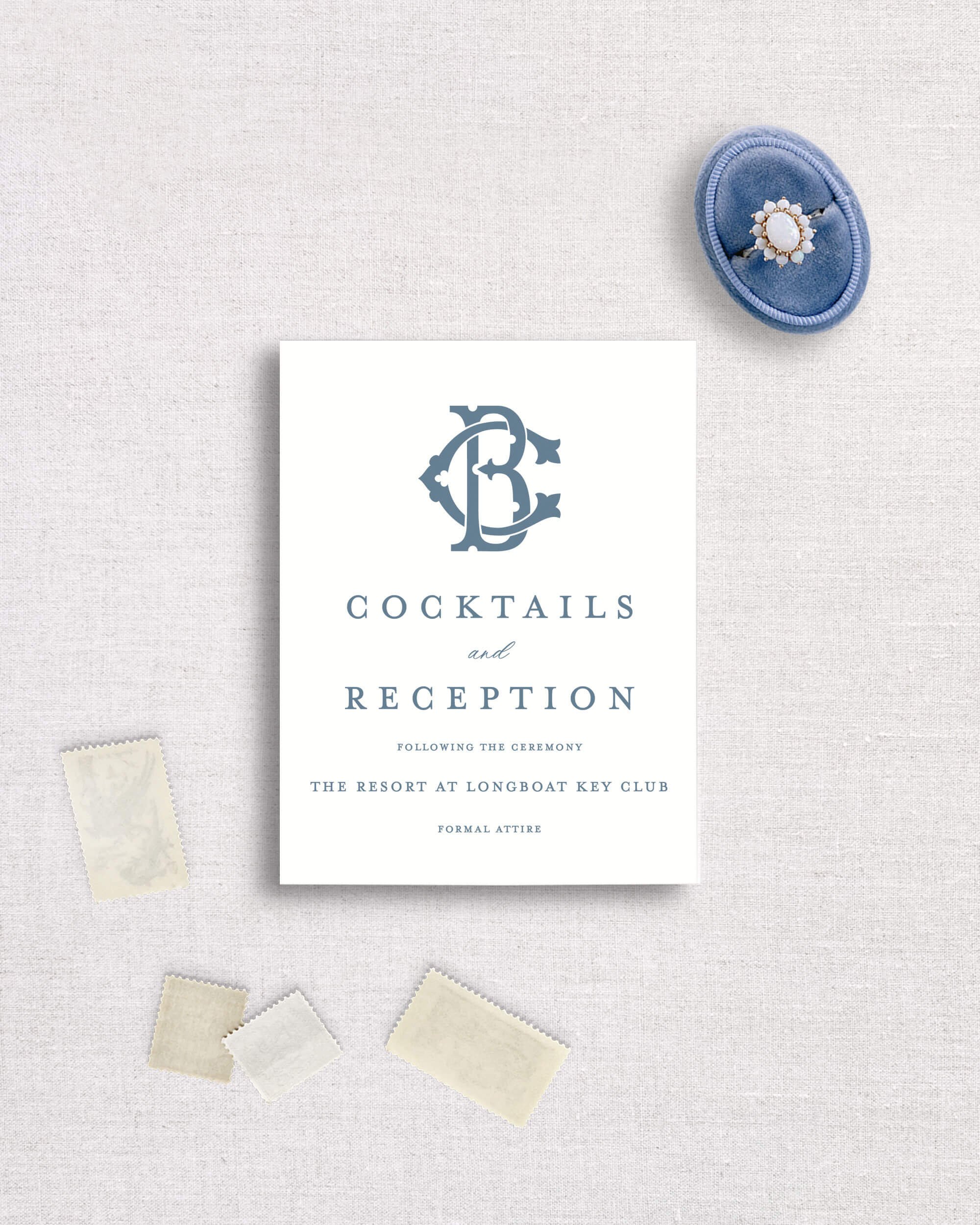 Blake suite details event card semi-custom wedding invitation collection navy blue Florida coastal wedding