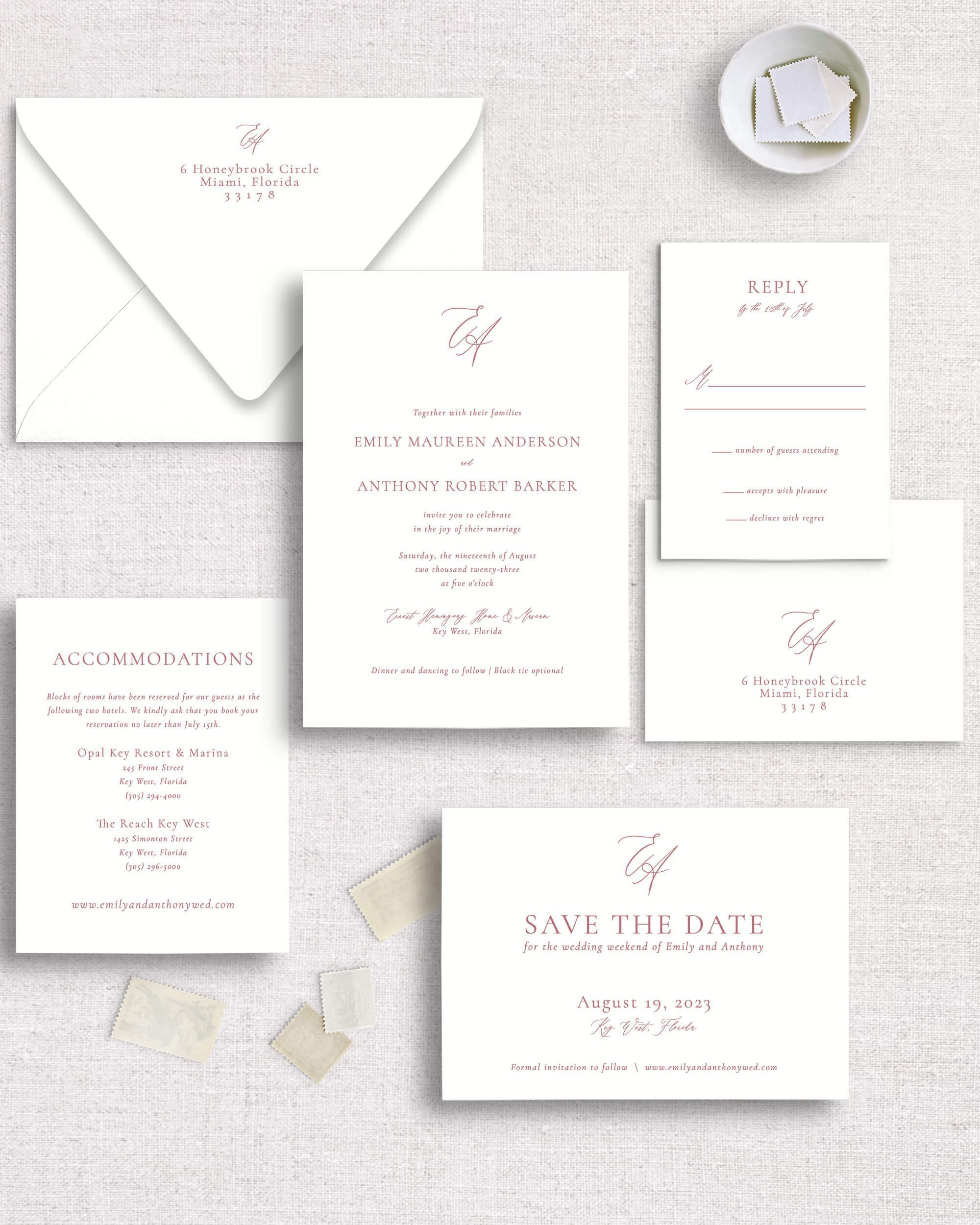 Emily suite semi-custom two letter monogram bright clean modern invitations classic wedding details