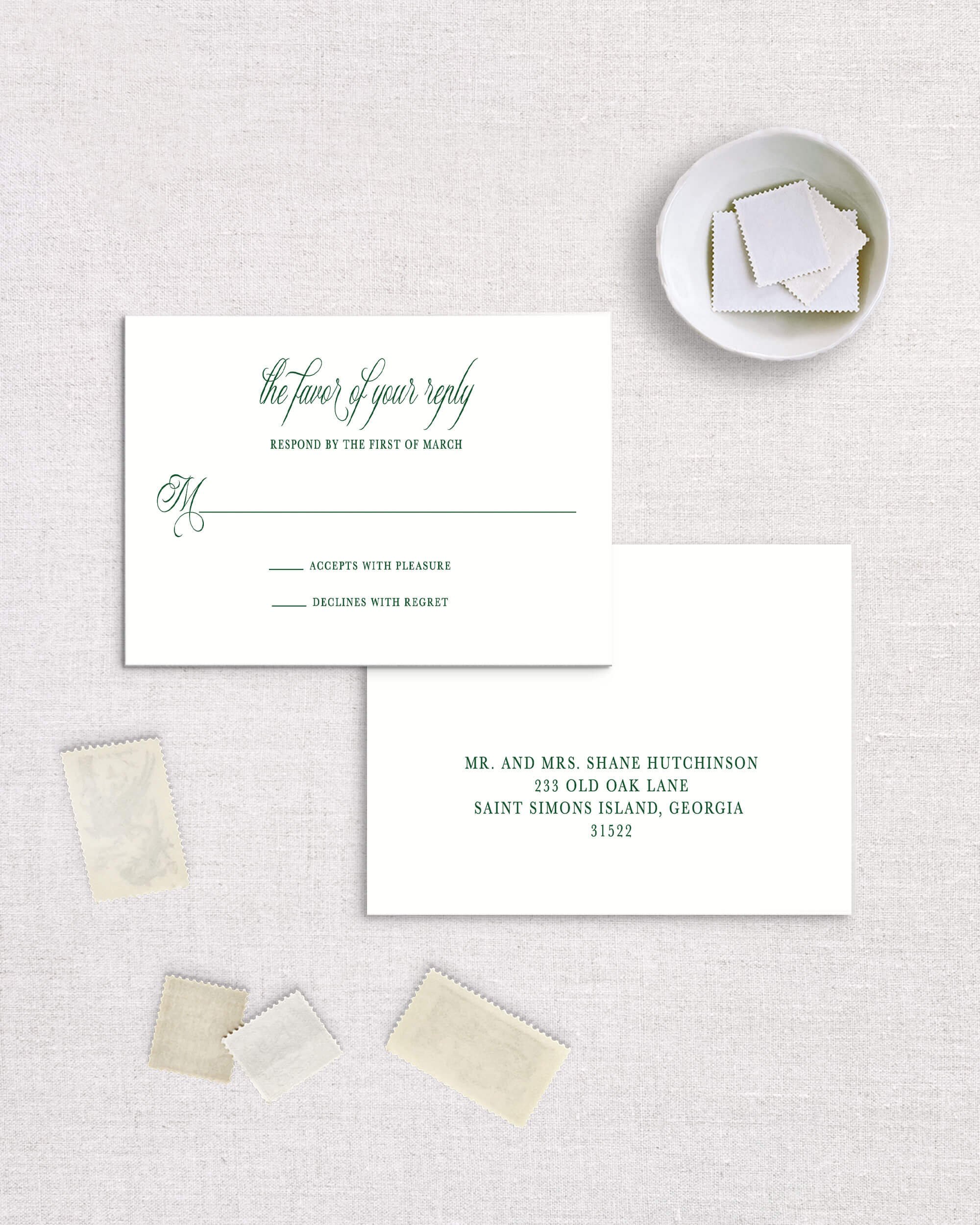 Regan suite rsvp reply card semi-custom wedding invites romantic script calligraphy font traditional rsvp